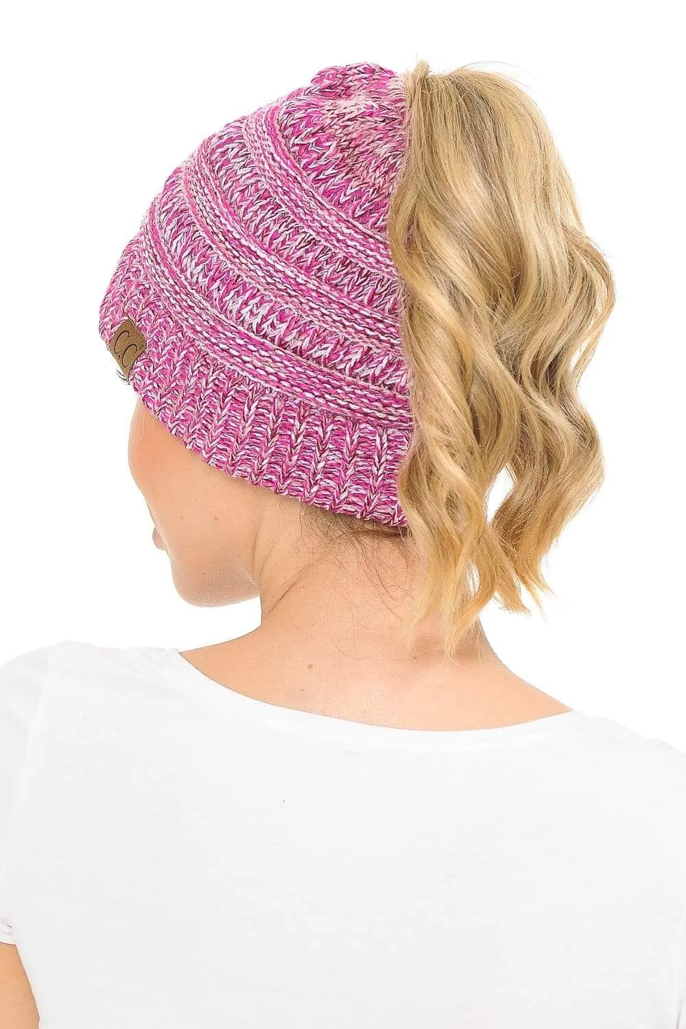 C.C MB816 - Soft Stretch Cable Knit Warm Ponytail Hat 4 Toned Mixed Multi Color Beanie