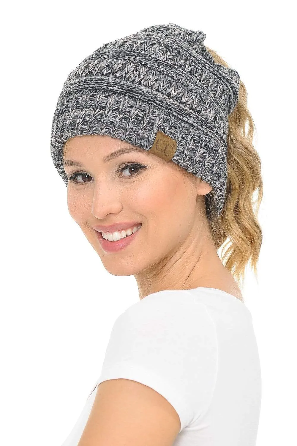 C.C MB816 - Soft Stretch Cable Knit Warm Ponytail Hat 4 Toned Mixed Multi Color Beanie