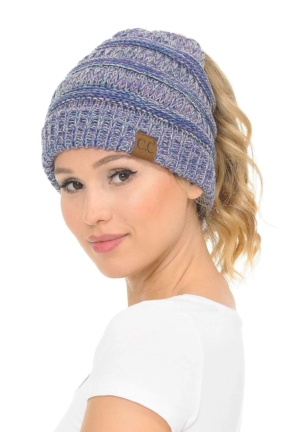 C.C MB816 - Soft Stretch Cable Knit Warm Ponytail Hat 4 Toned Mixed Multi Color Beanie