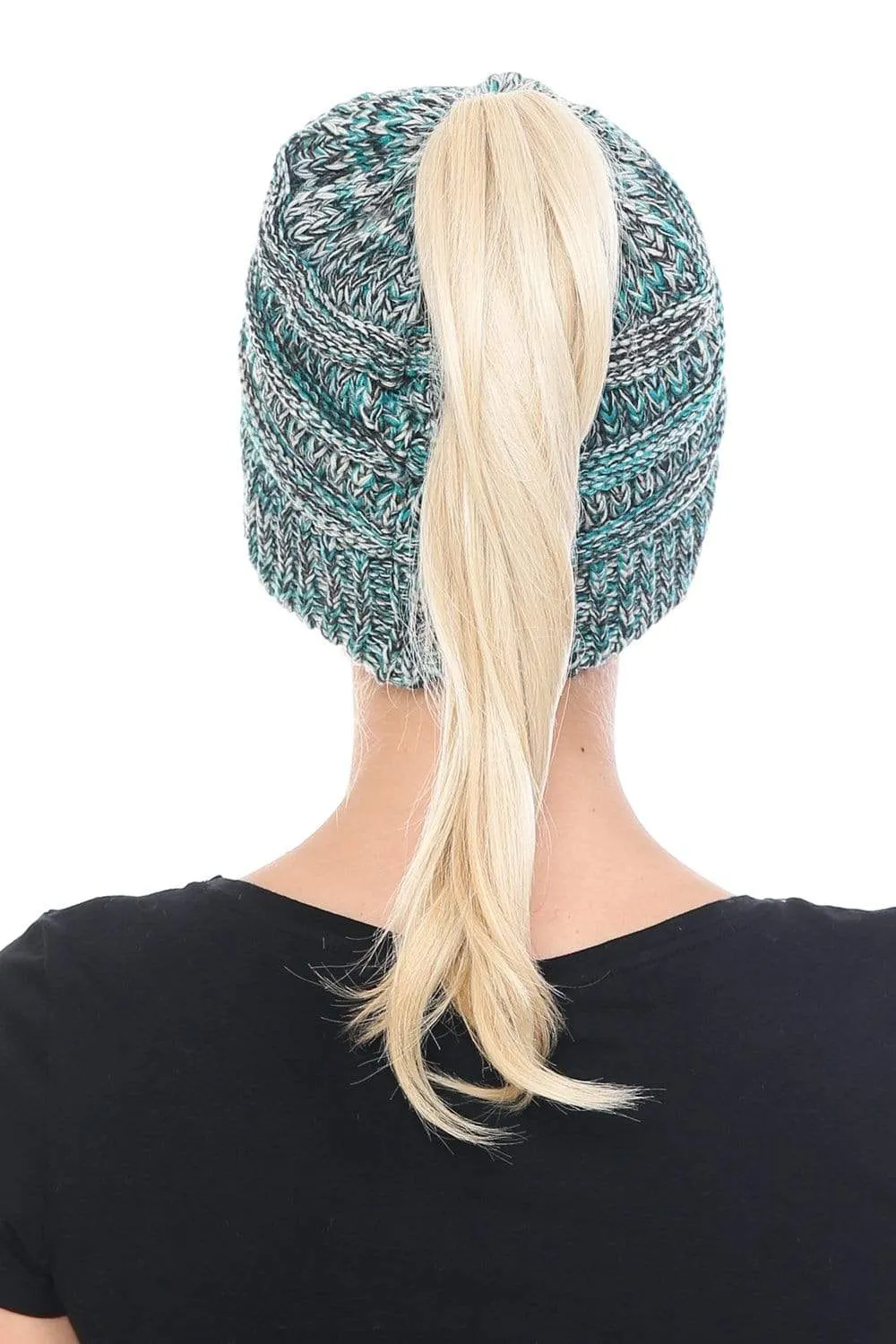 C.C MB816 - Soft Stretch Cable Knit Warm Ponytail Hat 4 Toned Mixed Multi Color Beanie