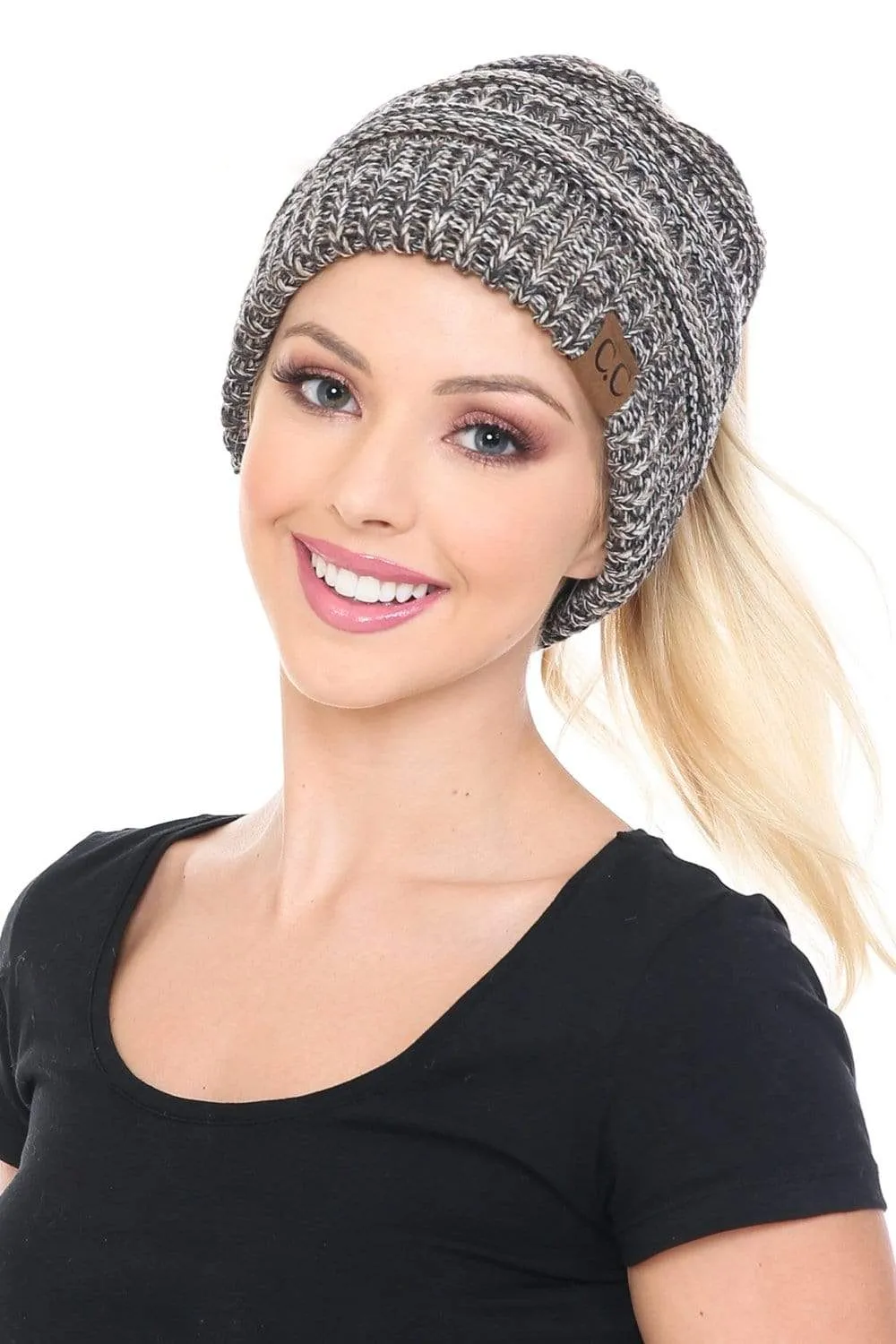 C.C MB816 - Soft Stretch Cable Knit Warm Ponytail Hat 4 Toned Mixed Multi Color Beanie