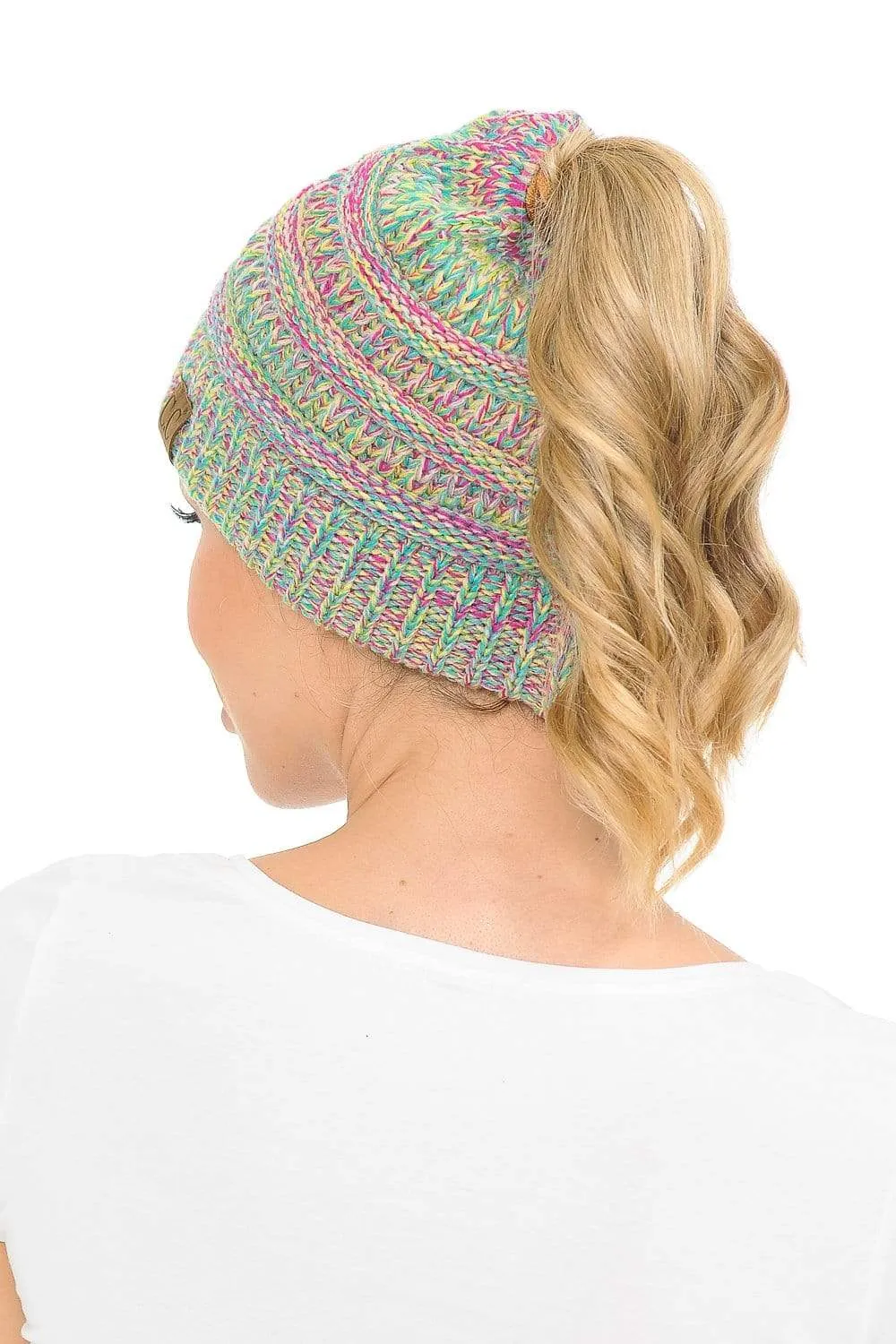 C.C MB816 - Soft Stretch Cable Knit Warm Ponytail Hat 4 Toned Mixed Multi Color Beanie