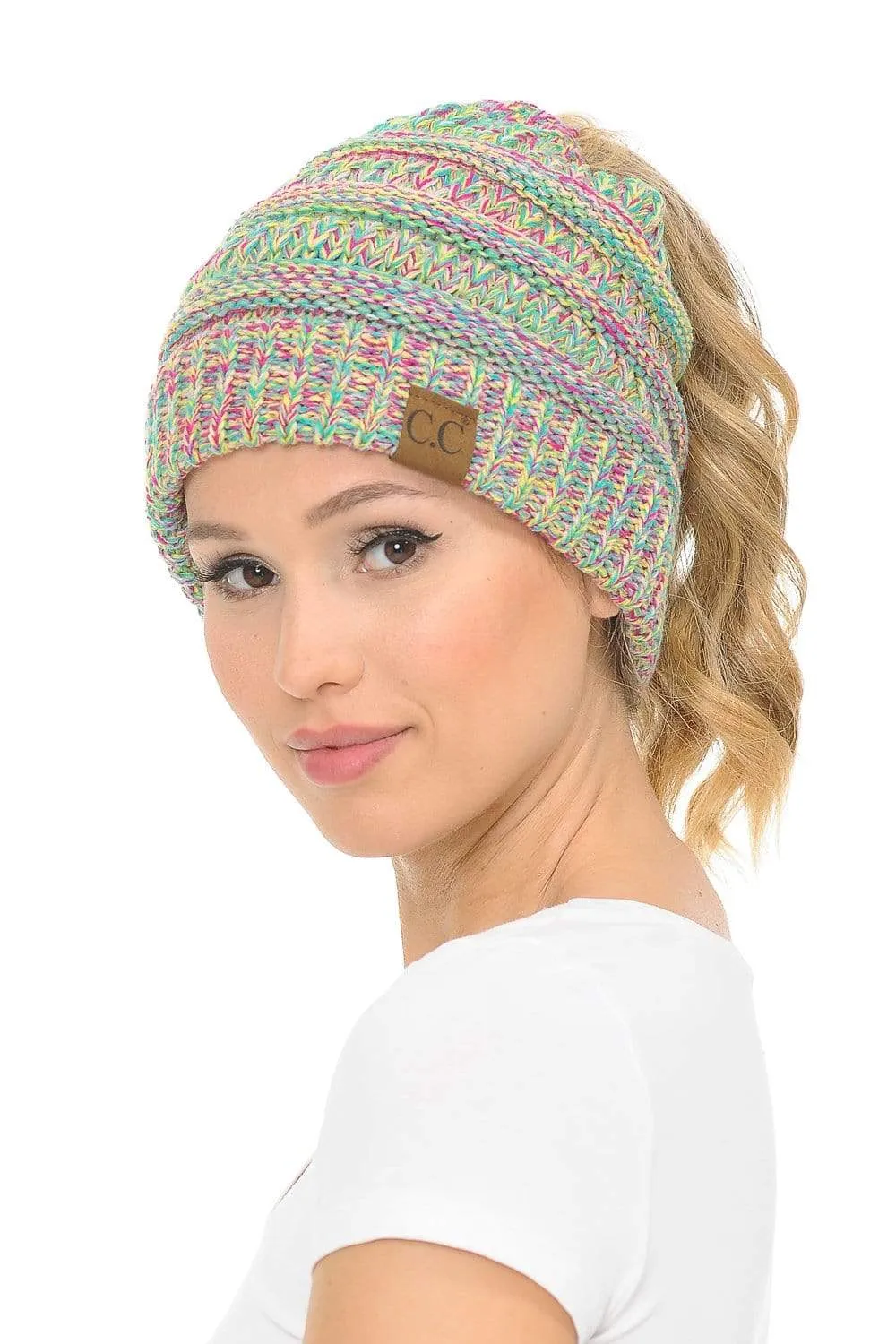 C.C MB816 - Soft Stretch Cable Knit Warm Ponytail Hat 4 Toned Mixed Multi Color Beanie