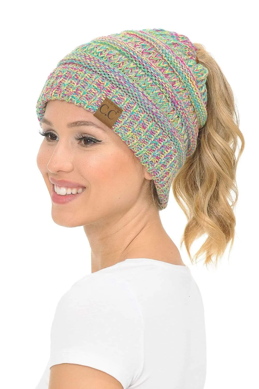 C.C MB816 - Soft Stretch Cable Knit Warm Ponytail Hat 4 Toned Mixed Multi Color Beanie