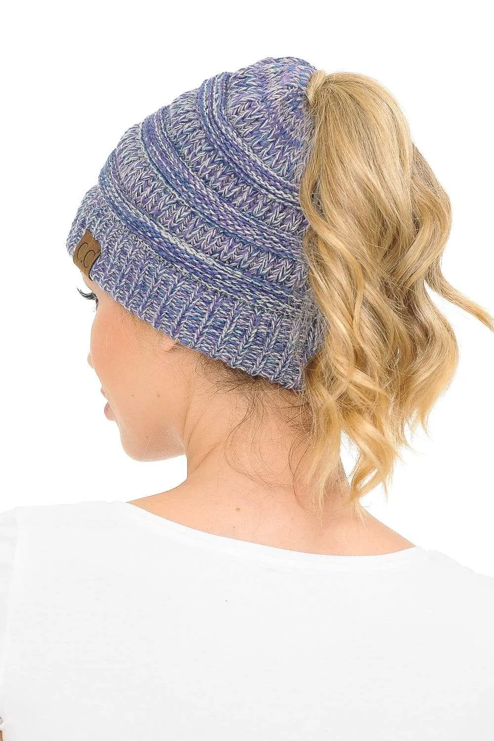 C.C MB816 - Soft Stretch Cable Knit Warm Ponytail Hat 4 Toned Mixed Multi Color Beanie