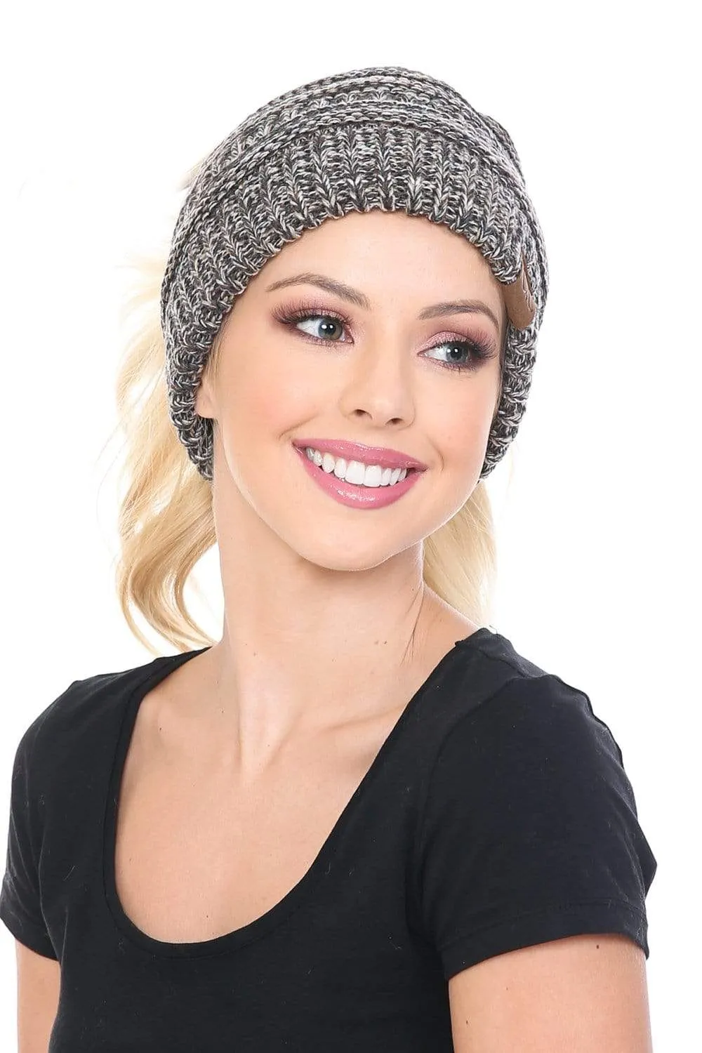 C.C MB816 - Soft Stretch Cable Knit Warm Ponytail Hat 4 Toned Mixed Multi Color Beanie