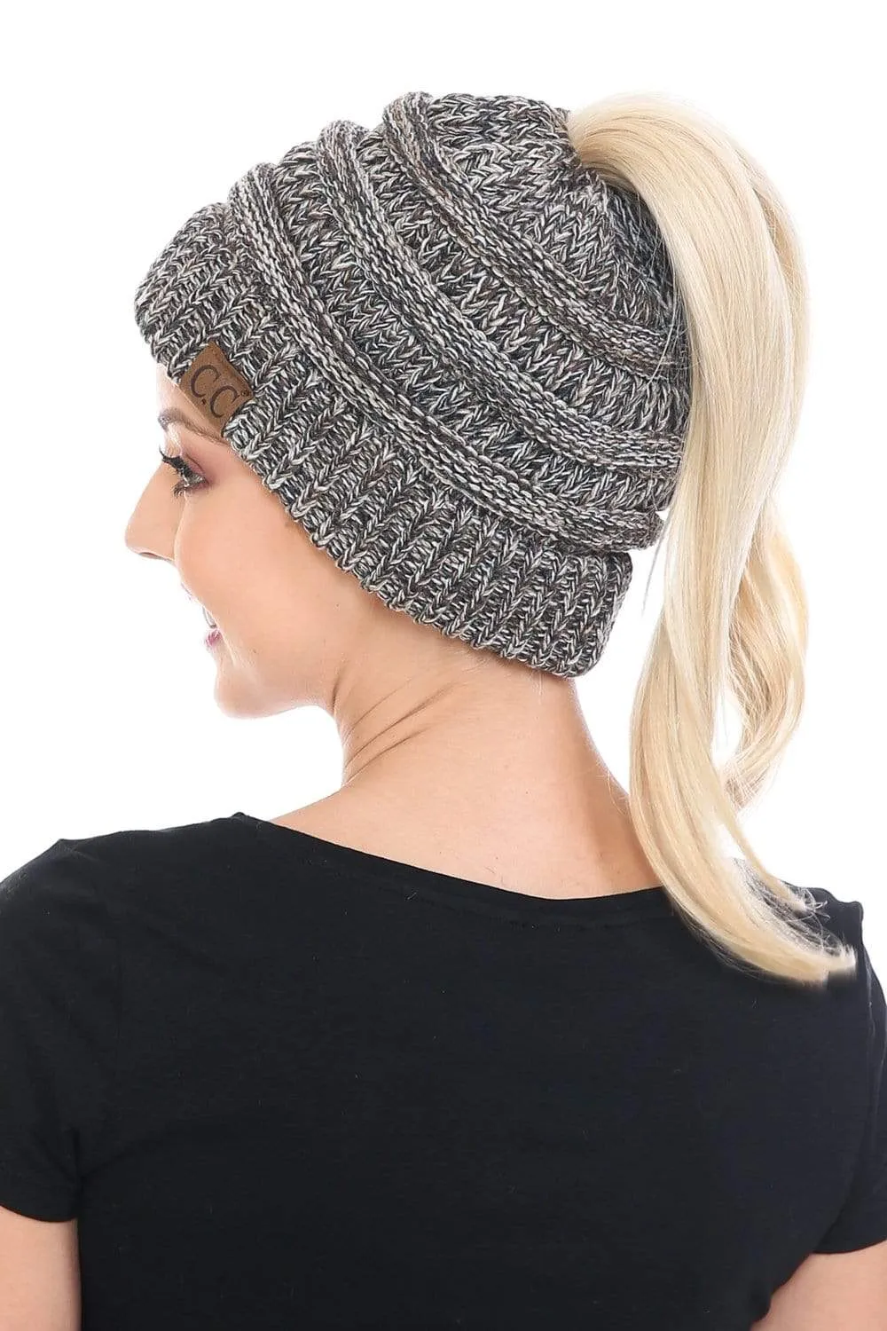 C.C MB816 - Soft Stretch Cable Knit Warm Ponytail Hat 4 Toned Mixed Multi Color Beanie