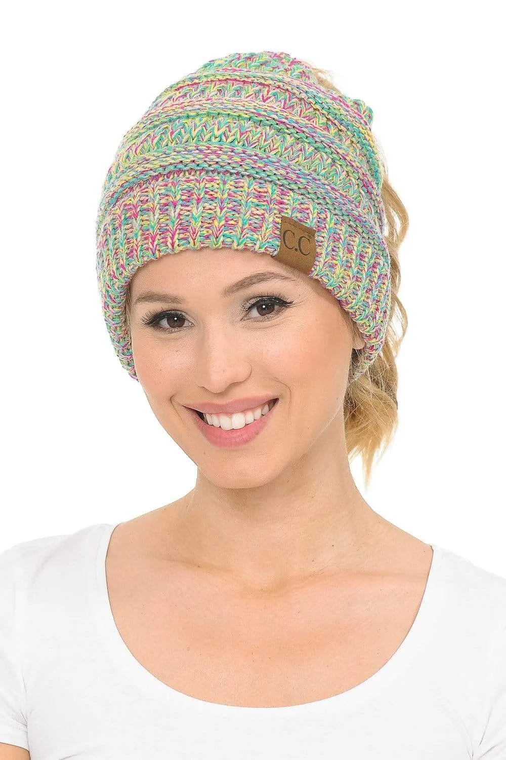 C.C MB816 - Soft Stretch Cable Knit Warm Ponytail Hat 4 Toned Mixed Multi Color Beanie