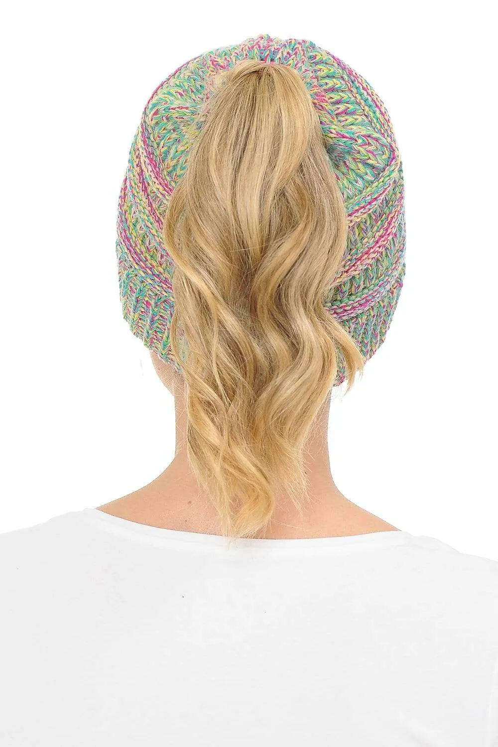 C.C MB816 - Soft Stretch Cable Knit Warm Ponytail Hat 4 Toned Mixed Multi Color Beanie