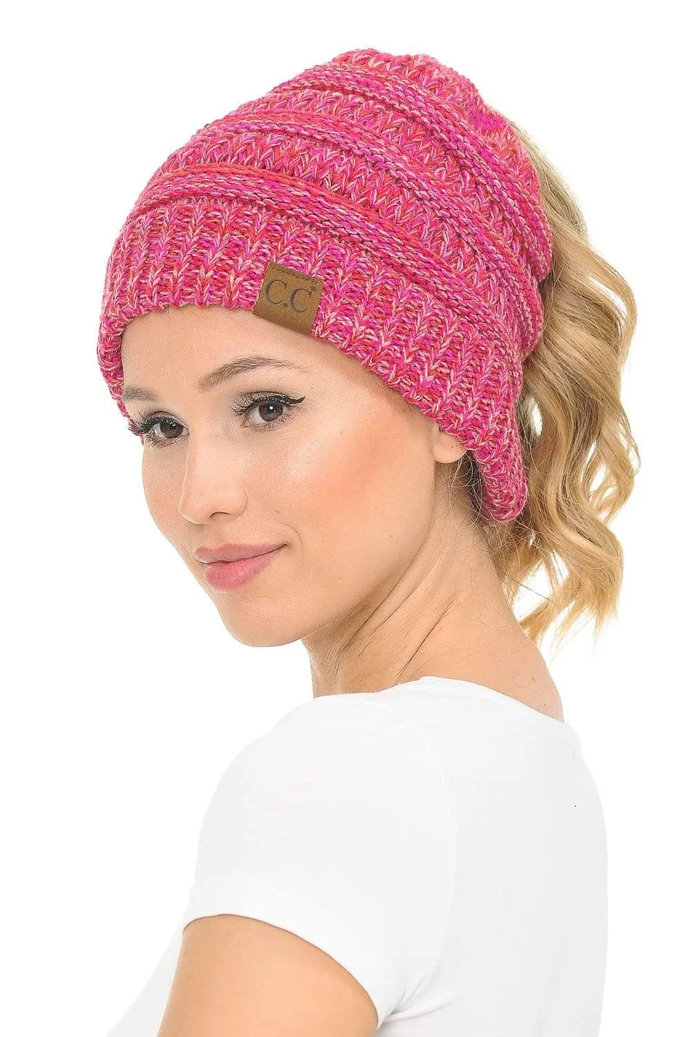 C.C MB816 - Soft Stretch Cable Knit Warm Ponytail Hat 4 Toned Mixed Multi Color Beanie