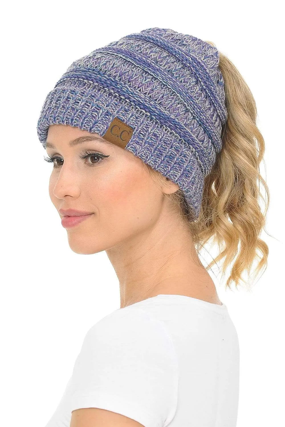 C.C MB816 - Soft Stretch Cable Knit Warm Ponytail Hat 4 Toned Mixed Multi Color Beanie