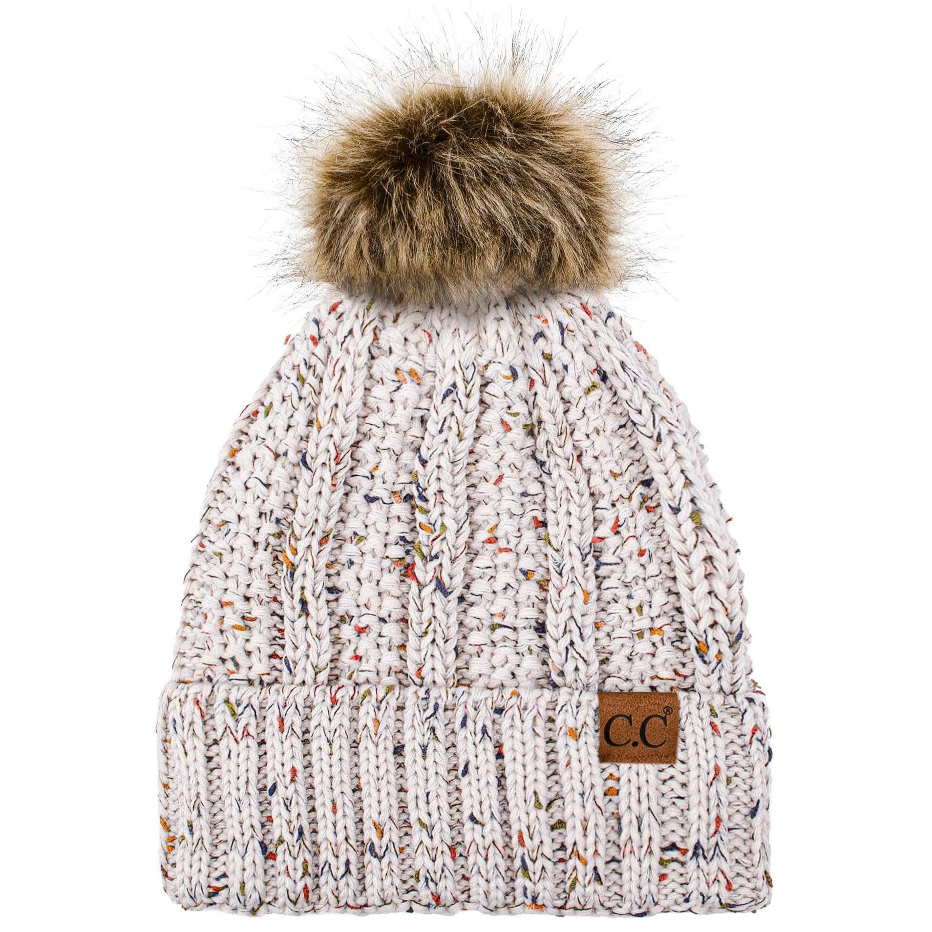 C.C YJ820 - Thick Cable Knit Hat Faux Fur Pom Pom Fleece Lined Confetti Skull Cap Cuff Beanie