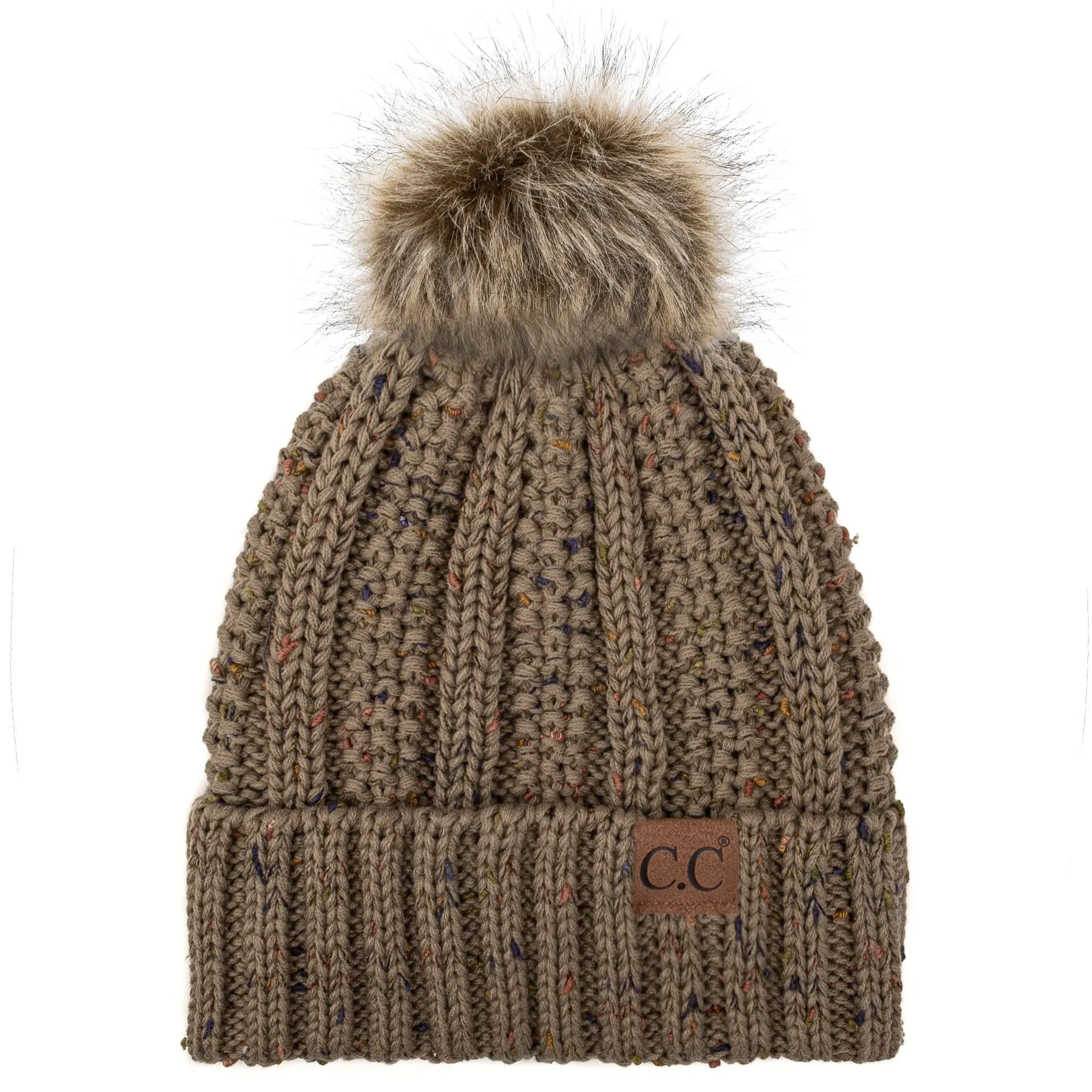 C.C YJ820 - Thick Cable Knit Hat Faux Fur Pom Pom Fleece Lined Confetti Skull Cap Cuff Beanie