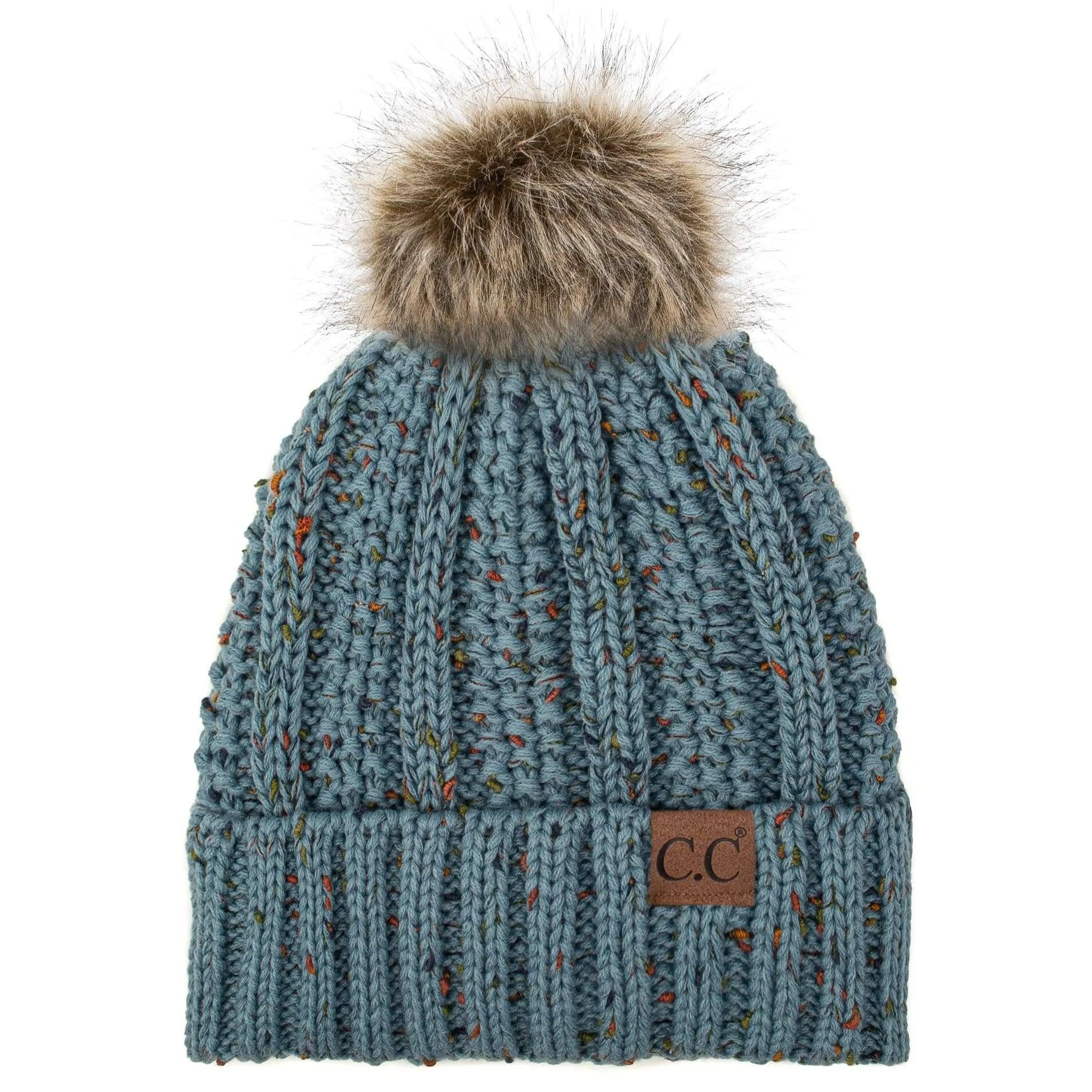 C.C YJ820 - Thick Cable Knit Hat Faux Fur Pom Pom Fleece Lined Confetti Skull Cap Cuff Beanie