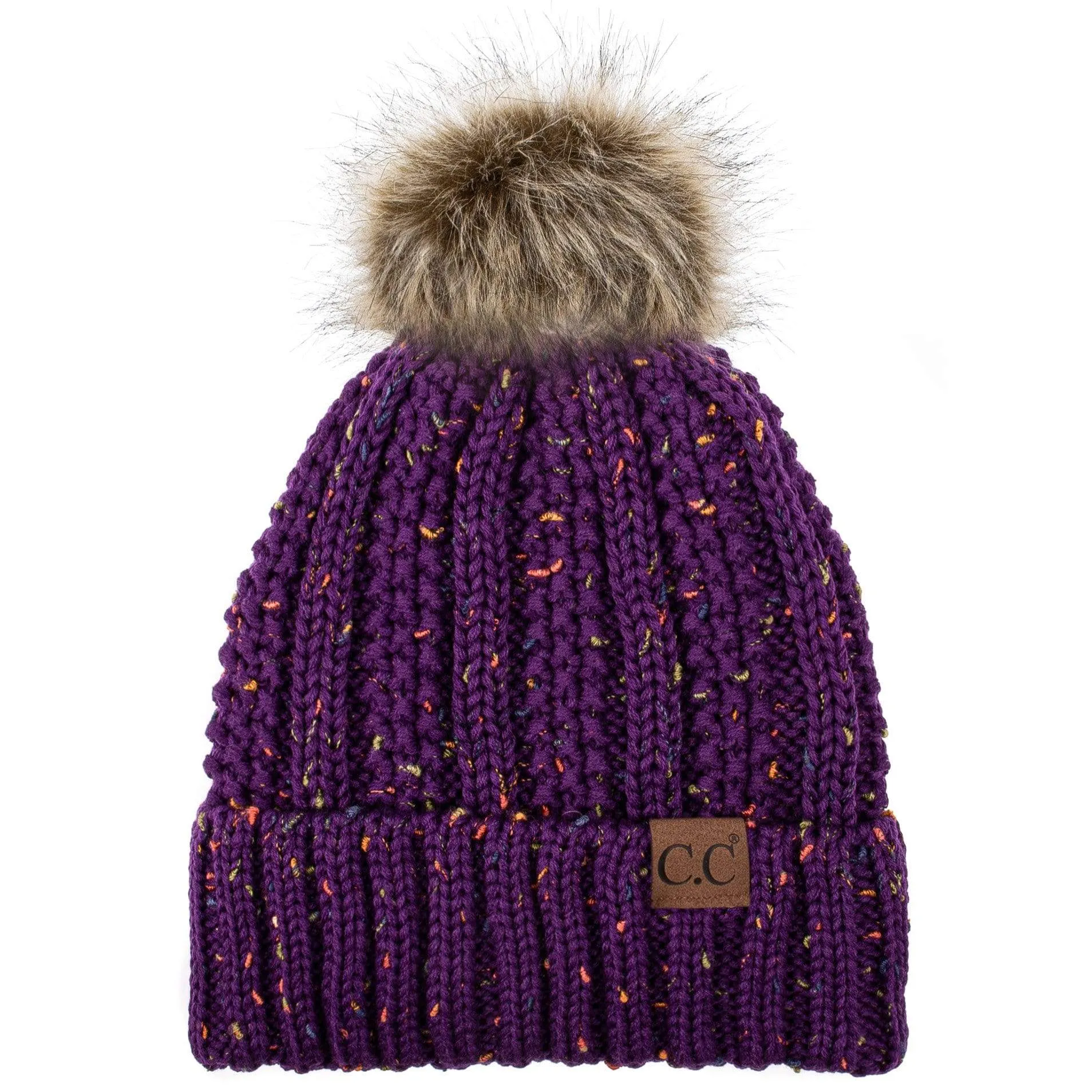 C.C YJ820 - Thick Cable Knit Hat Faux Fur Pom Pom Fleece Lined Confetti Skull Cap Cuff Beanie