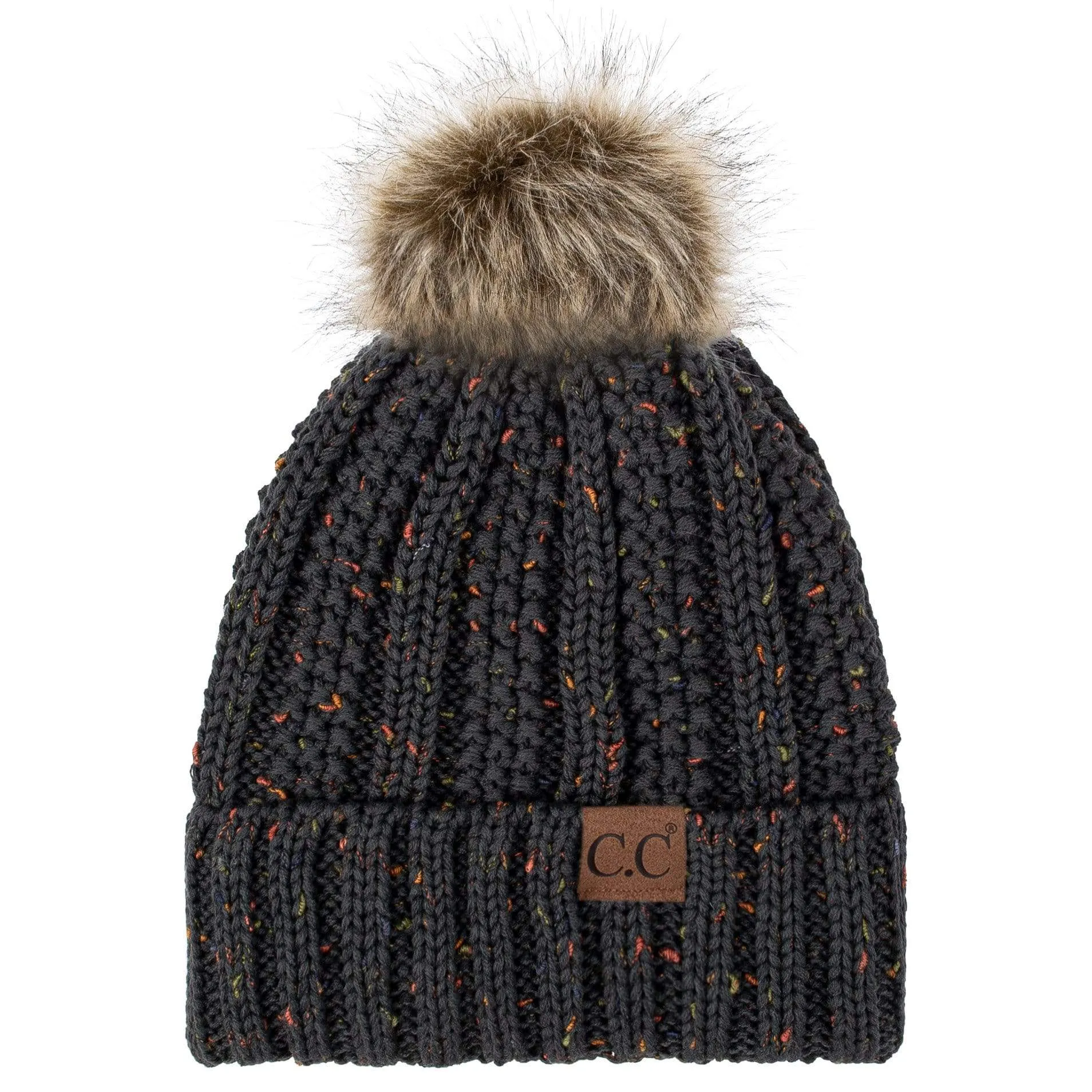 C.C YJ820 - Thick Cable Knit Hat Faux Fur Pom Pom Fleece Lined Confetti Skull Cap Cuff Beanie