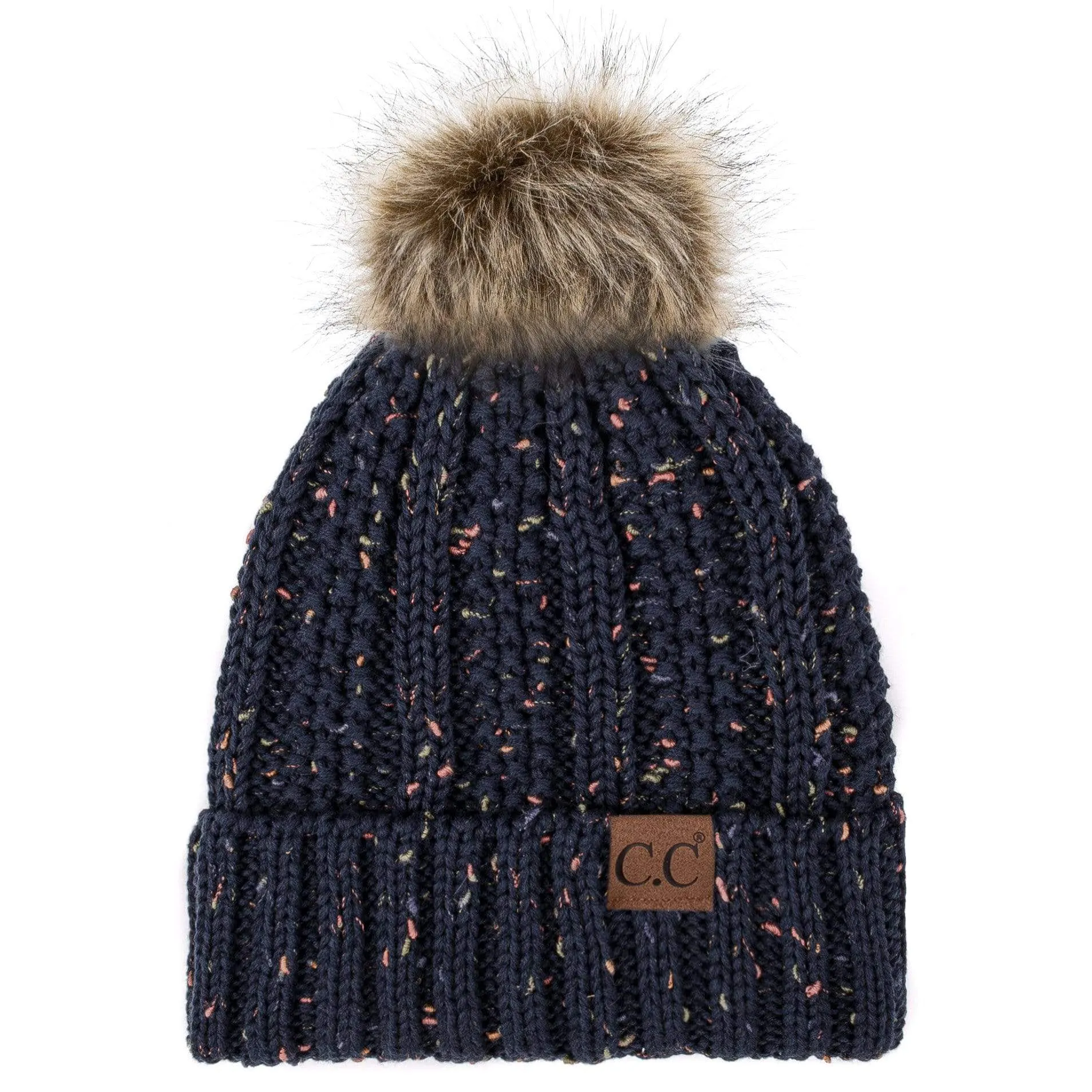 C.C YJ820 - Thick Cable Knit Hat Faux Fur Pom Pom Fleece Lined Confetti Skull Cap Cuff Beanie