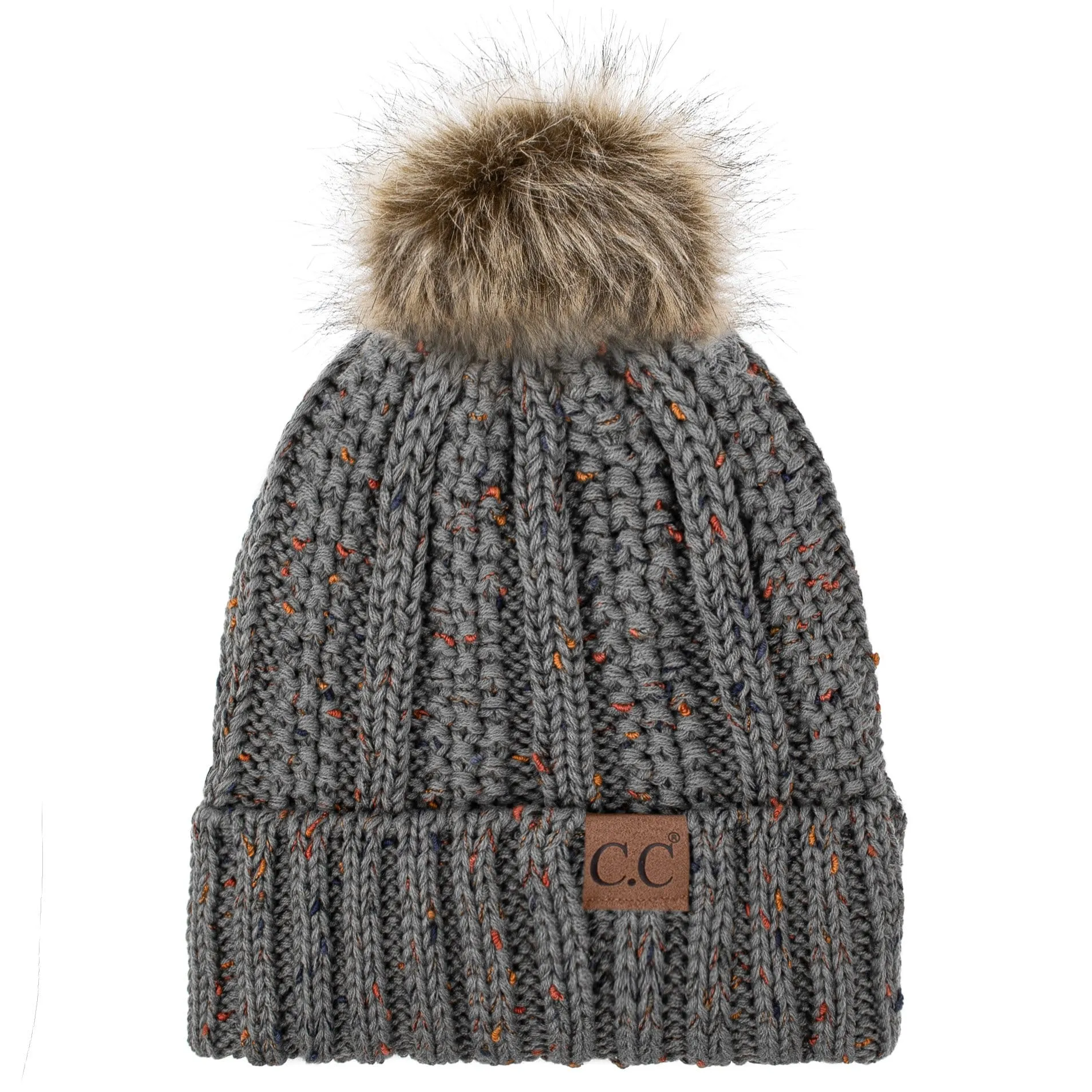 C.C YJ820 - Thick Cable Knit Hat Faux Fur Pom Pom Fleece Lined Confetti Skull Cap Cuff Beanie