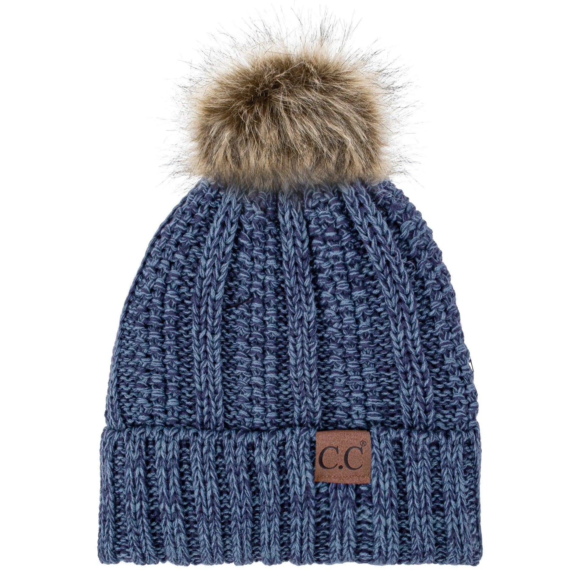 C.C YJ820 - Thick Cable Knit Hat Faux Fur Pom Pom Fleece Lined Mixed Skull Cap Cuff Beanie