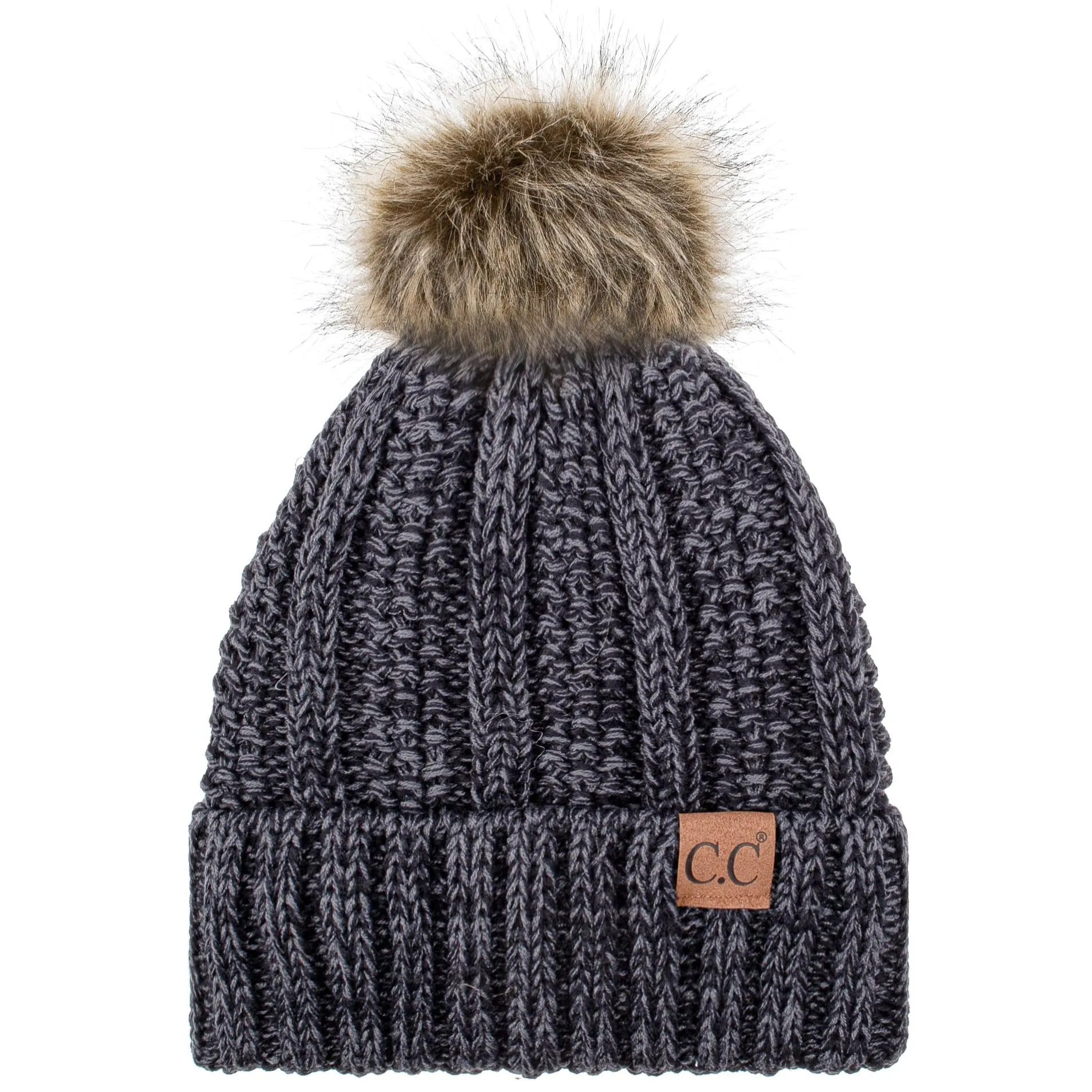 C.C YJ820 - Thick Cable Knit Hat Faux Fur Pom Pom Fleece Lined Mixed Skull Cap Cuff Beanie