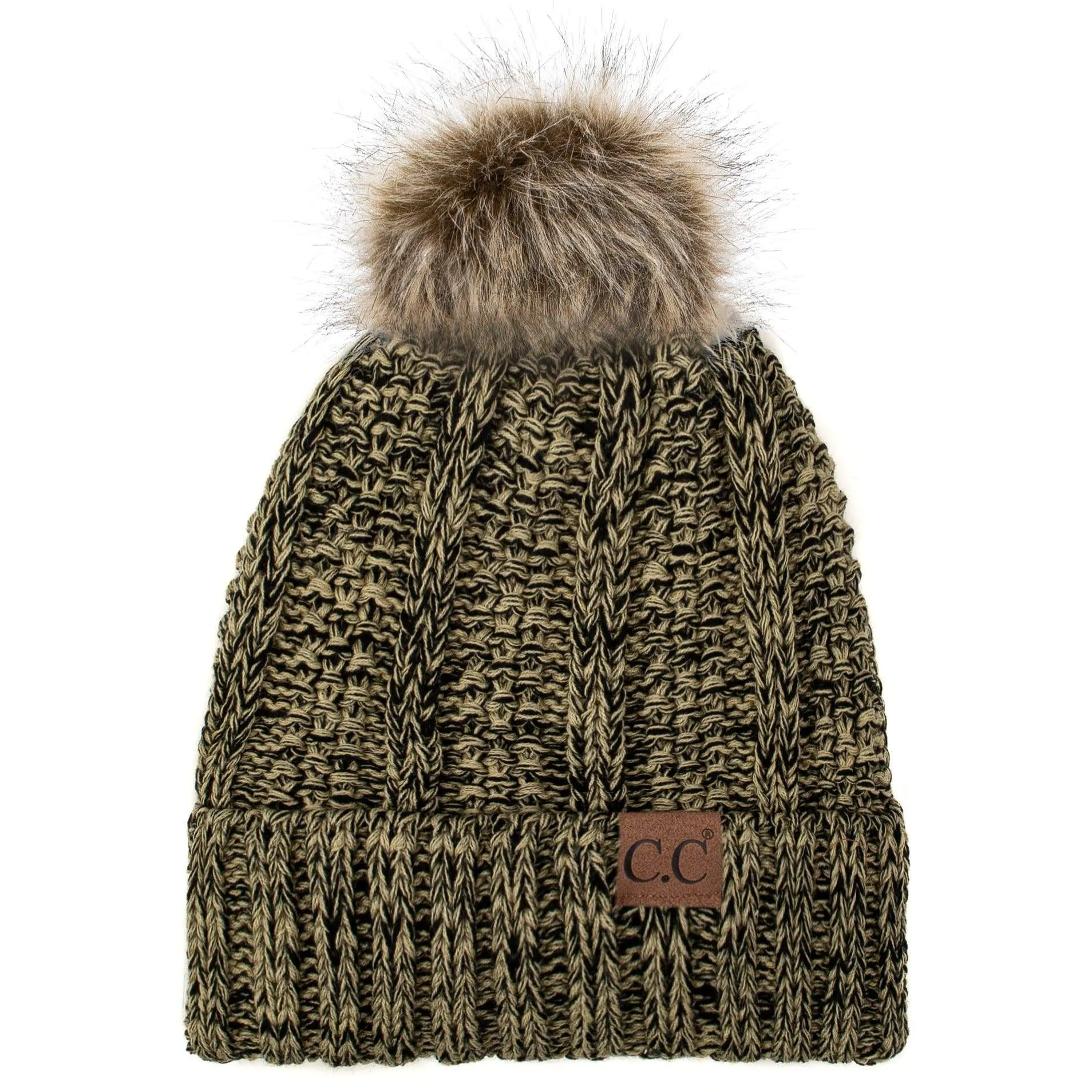 C.C YJ820 - Thick Cable Knit Hat Faux Fur Pom Pom Fleece Lined Mixed Skull Cap Cuff Beanie