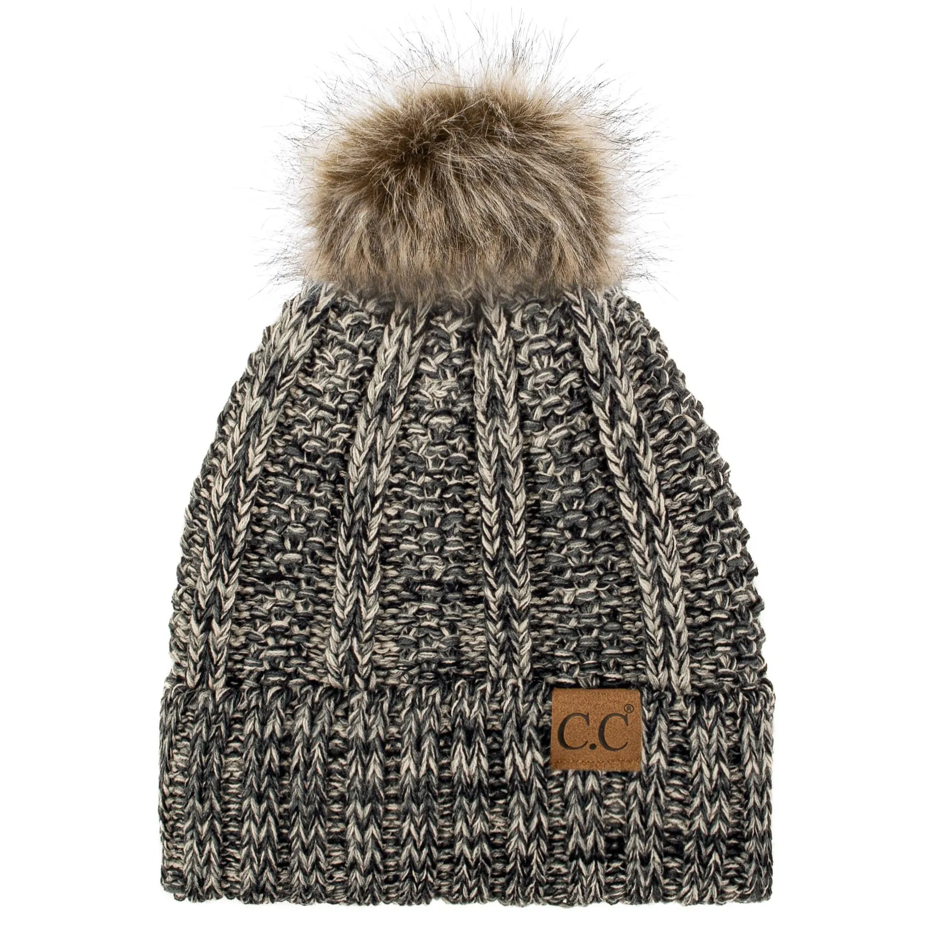 C.C YJ820 - Thick Cable Knit Hat Faux Fur Pom Pom Fleece Lined Mixed Skull Cap Cuff Beanie