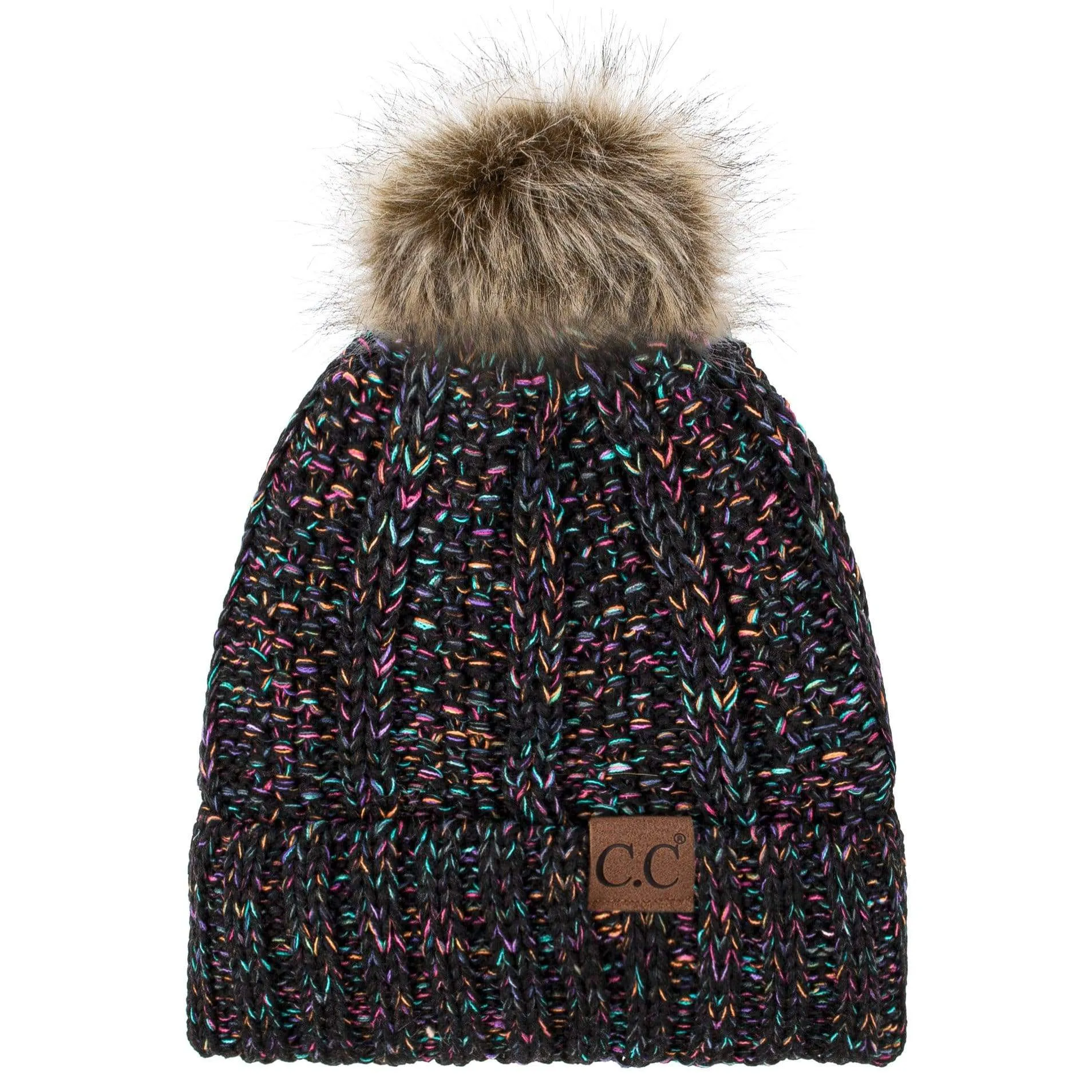 C.C YJ820 - Thick Cable Knit Hat Faux Fur Pom Pom Fleece Lined Mixed Skull Cap Cuff Beanie