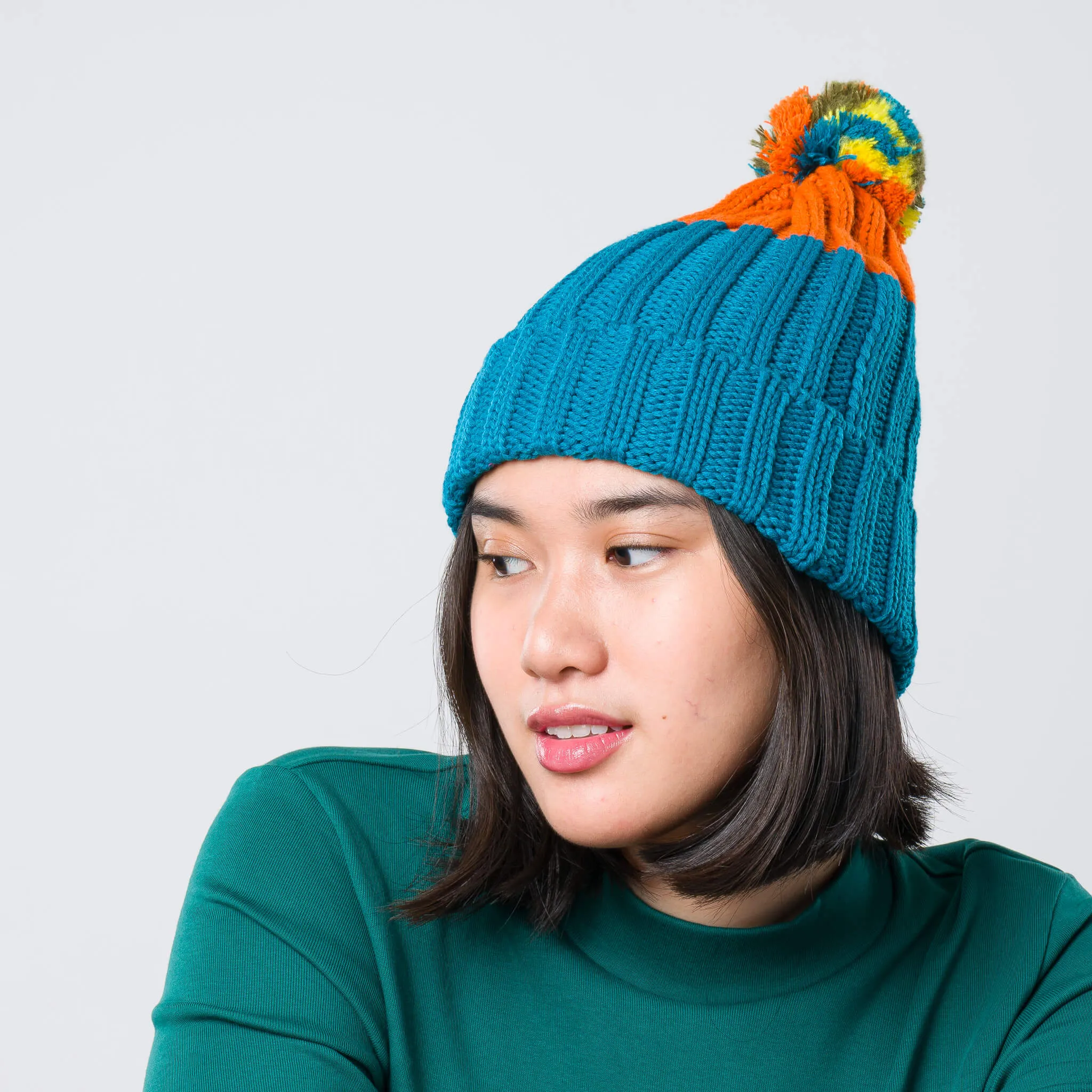 Chunky Colorblock Pom Beanie- Teal