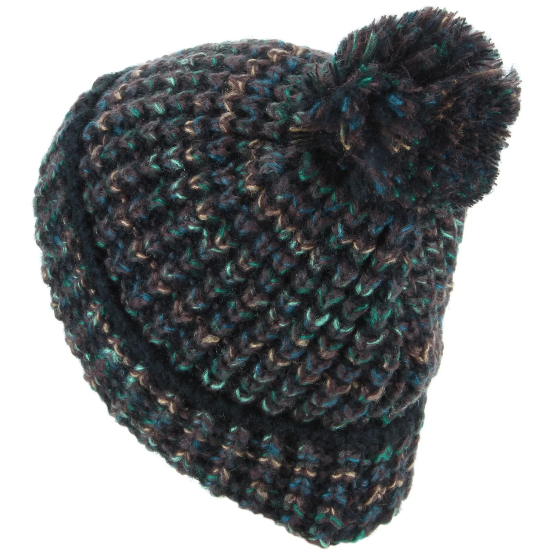 Chunky Knit Beanie Bobble Hat - Black & Green