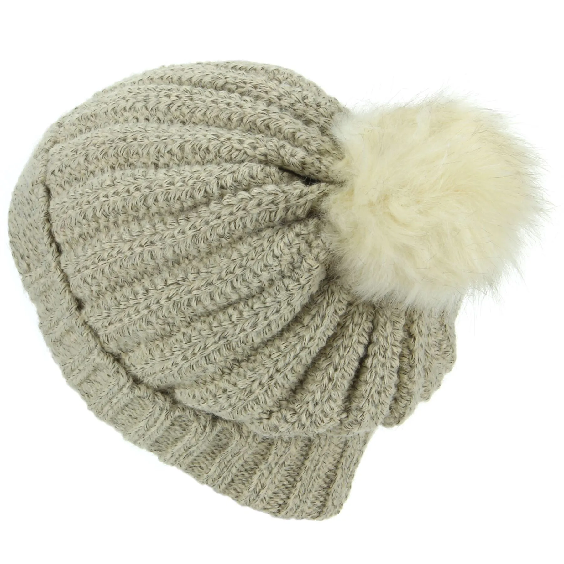 Chunky Knit Beanie Hat with Thick Fleece Lining and Faux Fur Bobble - Beige