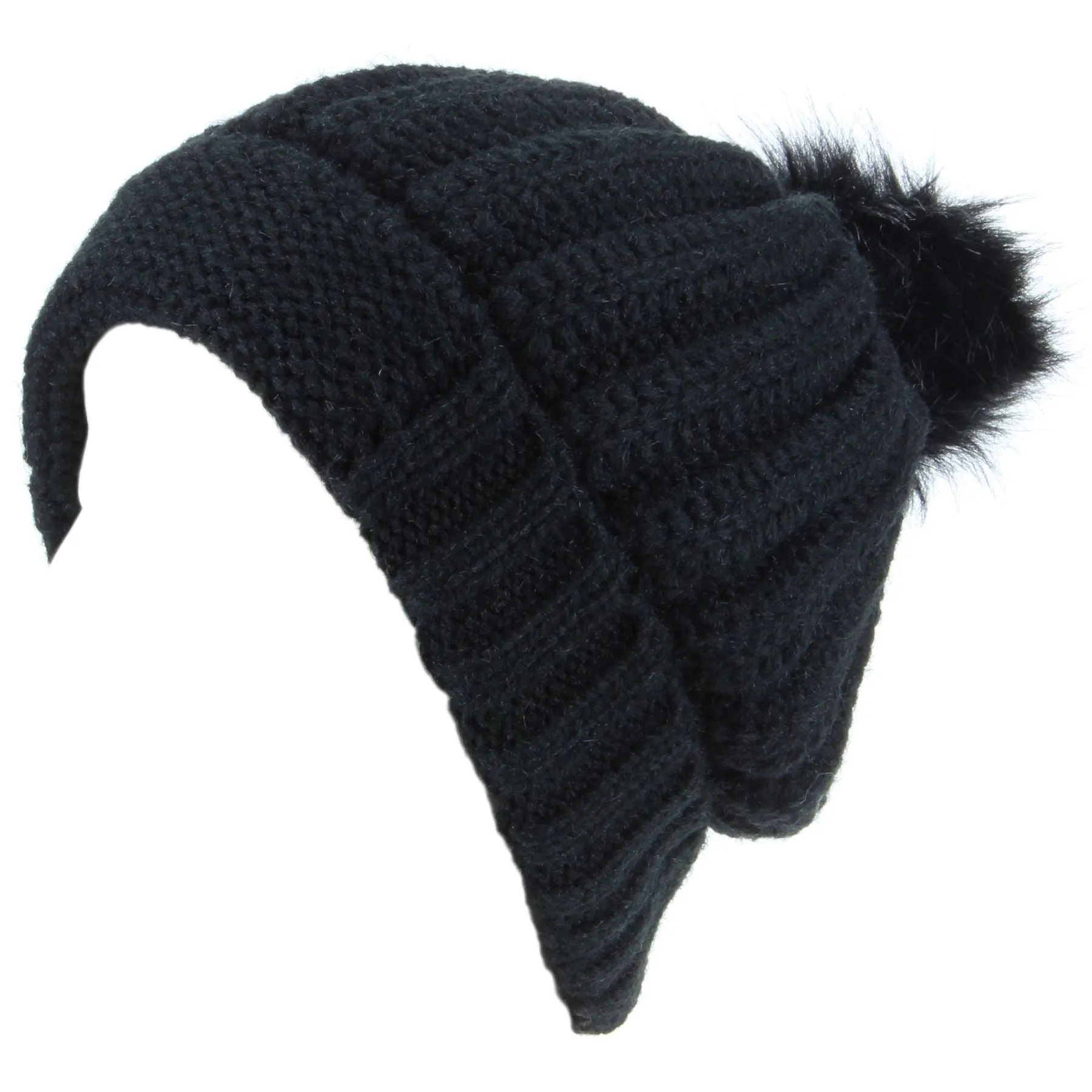 Chunky Knit Beanie Hat with Thick Fleece Lining and Faux Fur Bobble - Black