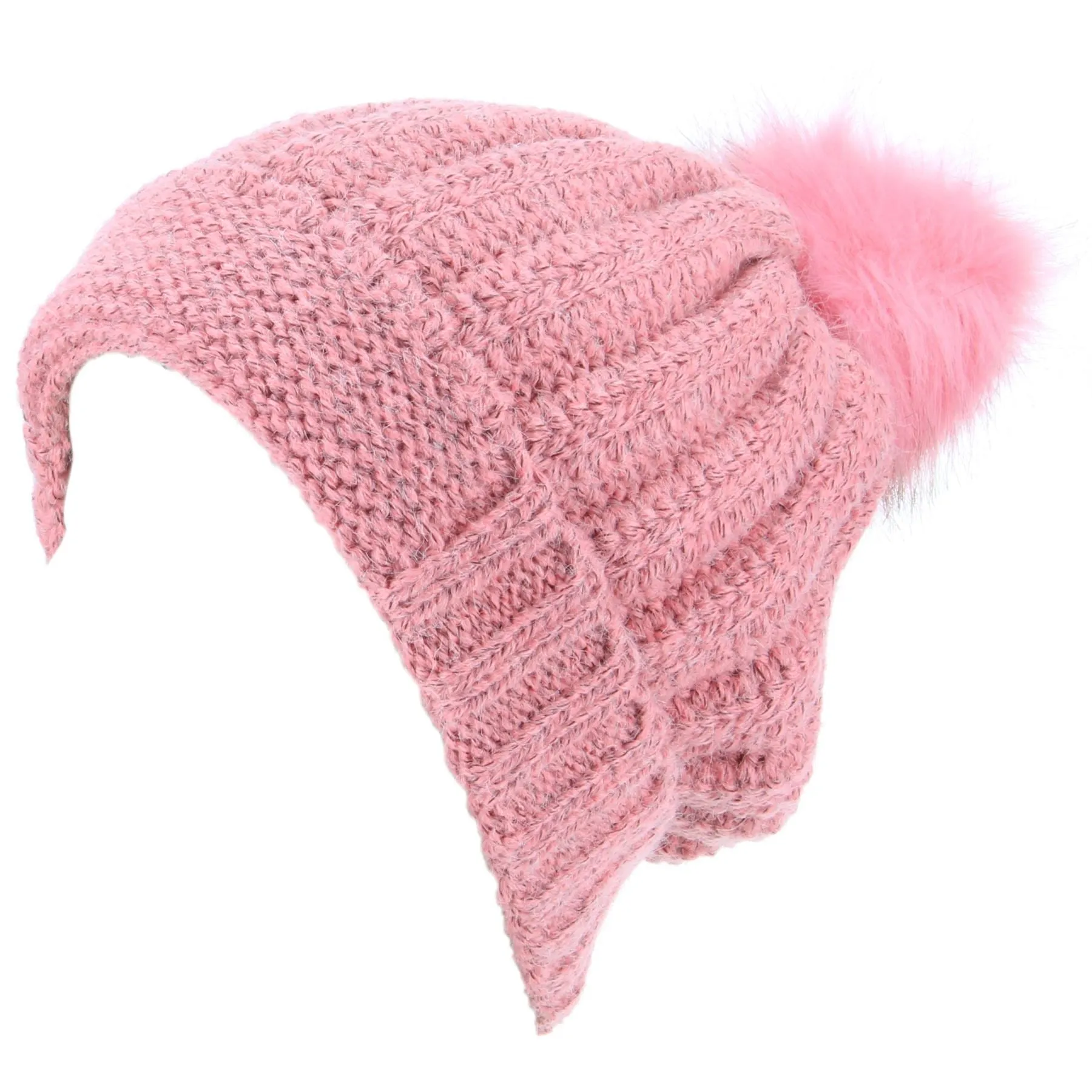 Chunky Knit Beanie Hat with Thick Fleece Lining and Faux Fur Bobble - Pink