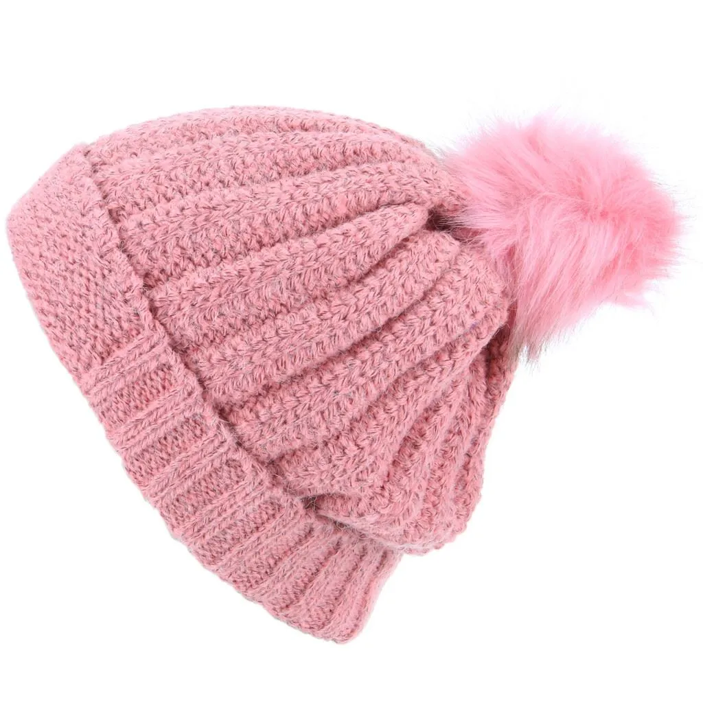 Chunky Knit Beanie Hat with Thick Fleece Lining and Faux Fur Bobble - Pink