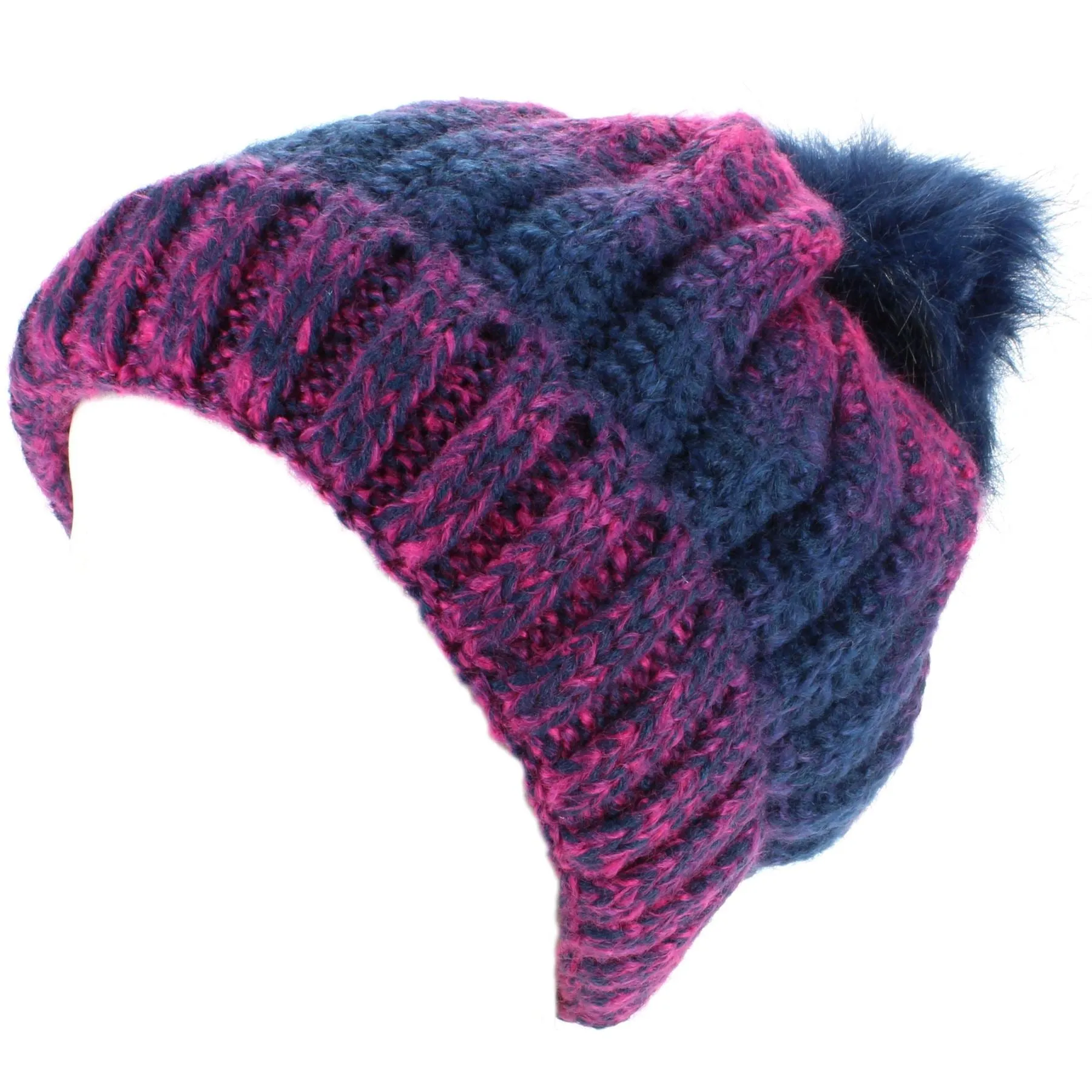 Colour Fade Bobble Beanie Hat with Faux Fur Pom - Navy