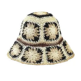 Crochet Bucket Hat Flower Black Cream