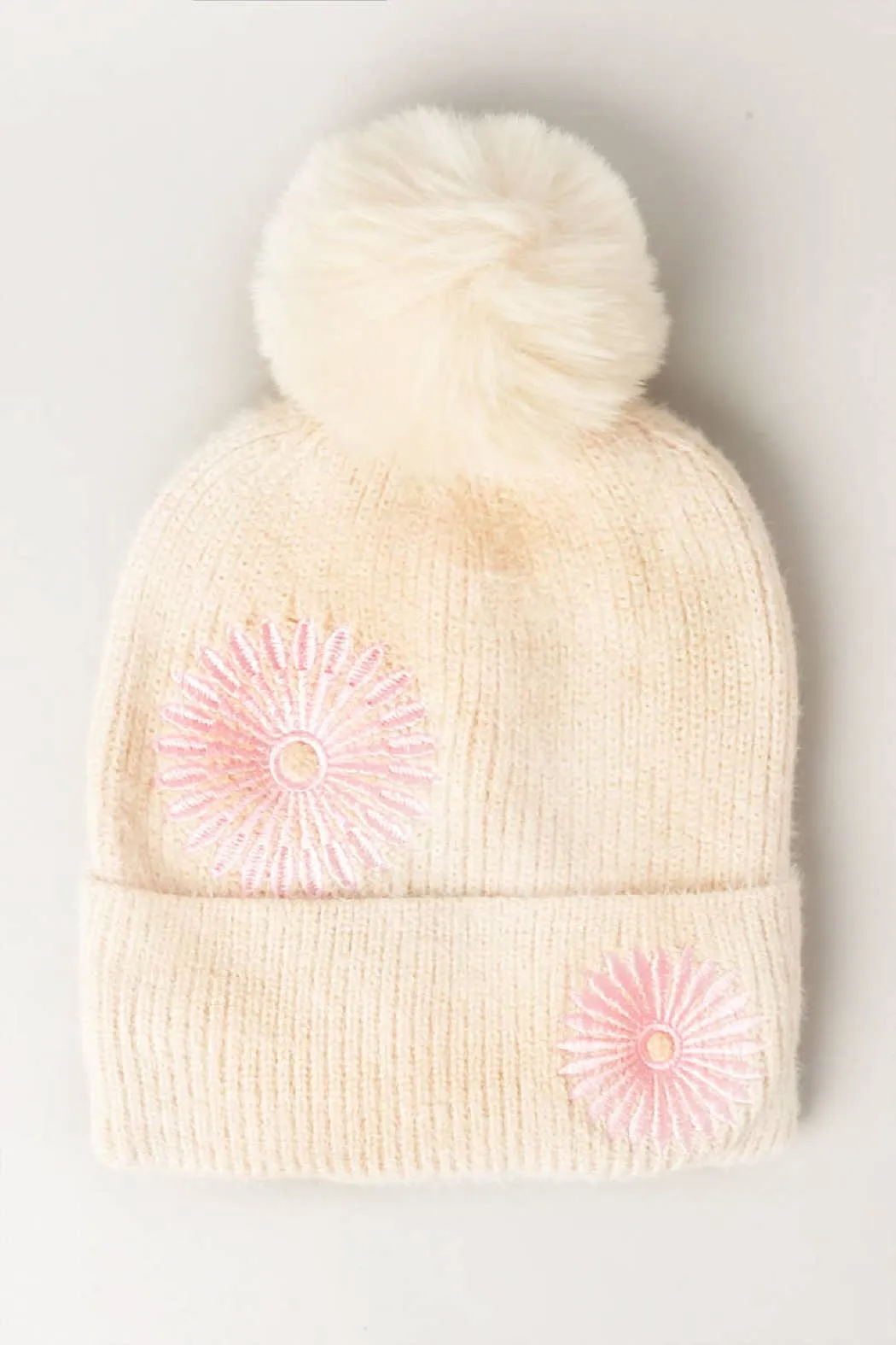 Daisy Pattern Knit Beanie  Pom Pom