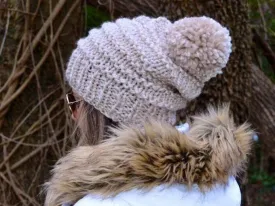 DIY Knitting Pattern The Rejviz Beanie Women's Slouchy Oversized Pompom Hat Cap Toque Taupe Beige