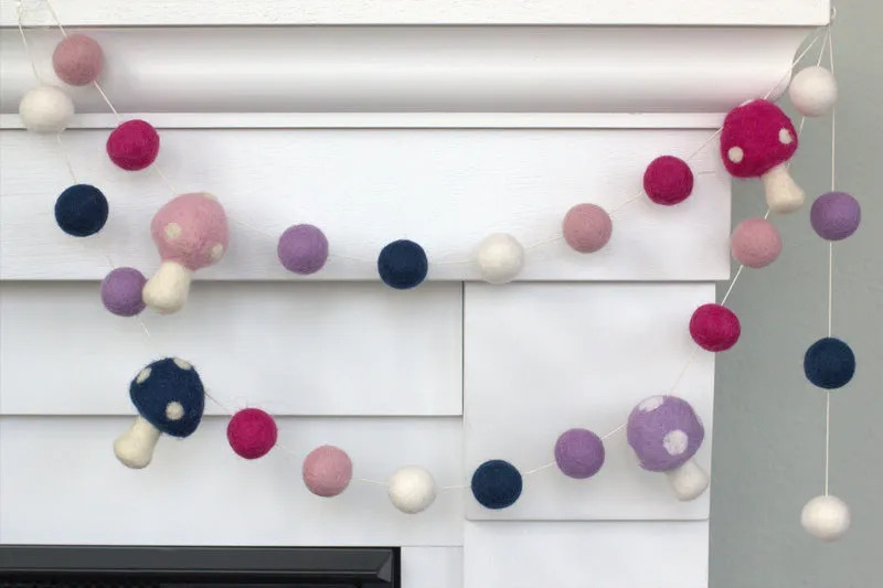 Felt Mushroom Garland- Pink, Purple, Blue