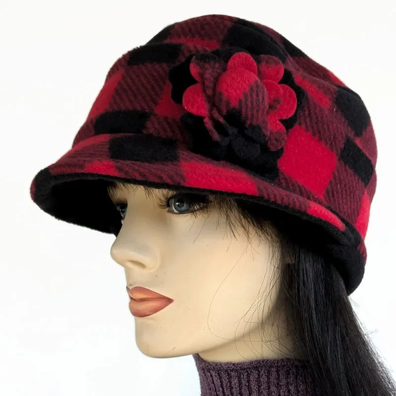 Fleece Fashion Cap with floral pin in popular plaid check, with fleece cuff and pin