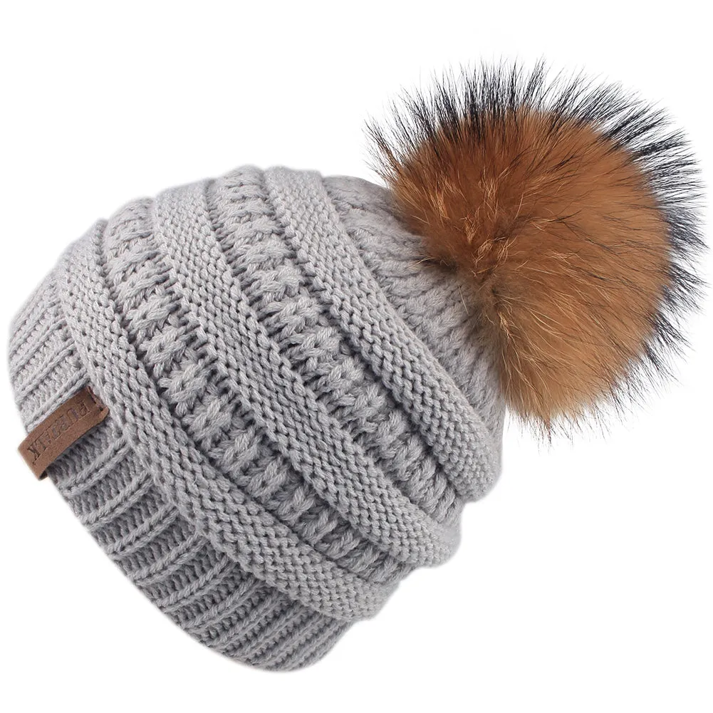 FURTALK Winter Kids Real Fur Pom Pom Hat Double Layer Drop Shipping HTWL097