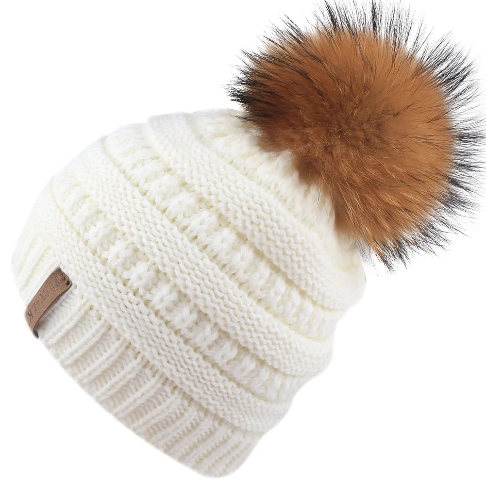 FURTALK Winter Kids Real Fur Pom Pom Hat Double Layer Drop Shipping HTWL097