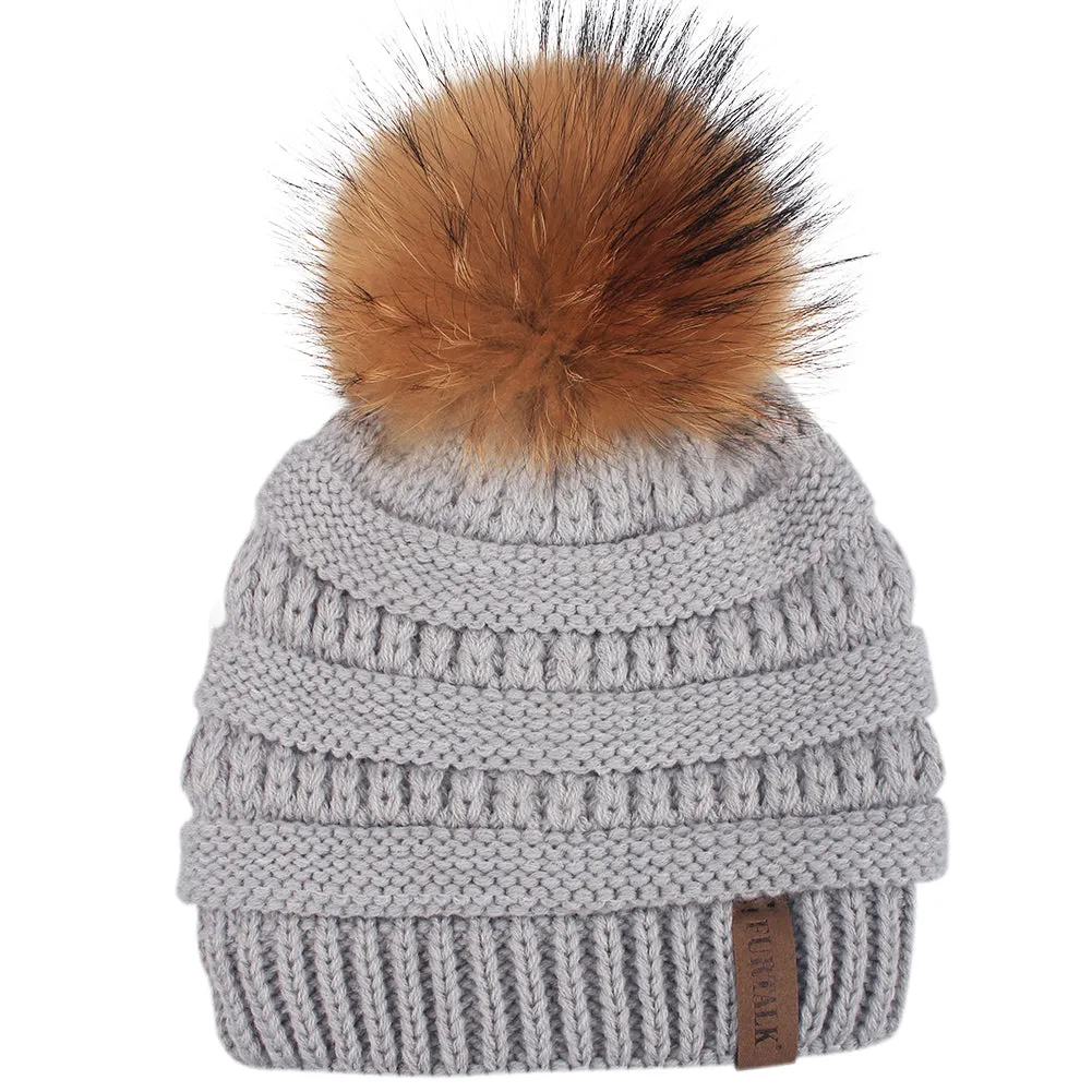 FURTALK Winter Kids Real Fur Pom Pom Hat Double Layer Drop Shipping HTWL097