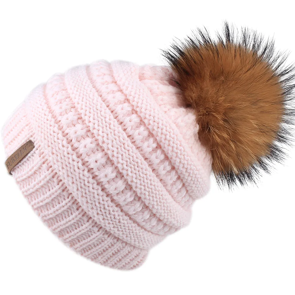 FURTALK Winter Kids Real Fur Pom Pom Hat Double Layer Drop Shipping HTWL097