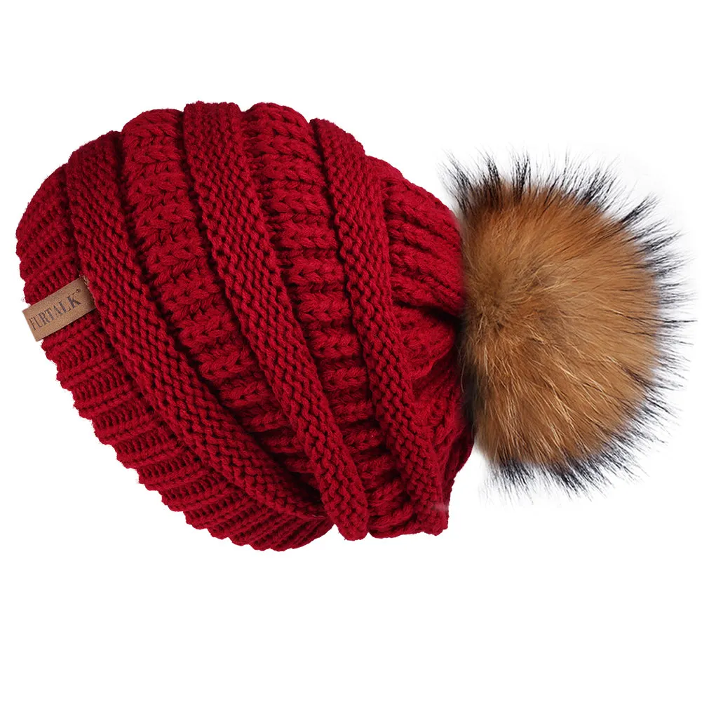 FURTALK Women Winter Slouchy Real Fur Pompom Hats Drop Shipping A003