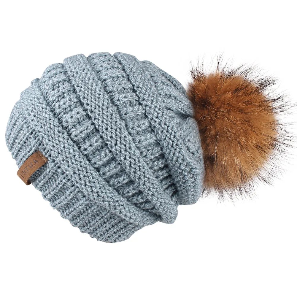 FURTALK Women Winter Slouchy Real Fur Pompom Hats Drop Shipping A003