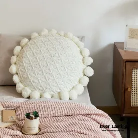 Fuzzy Ball Round Pillow / White