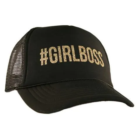 #girlboss hat Black womens trucker cap Gold glitter letters Adjustable snap back