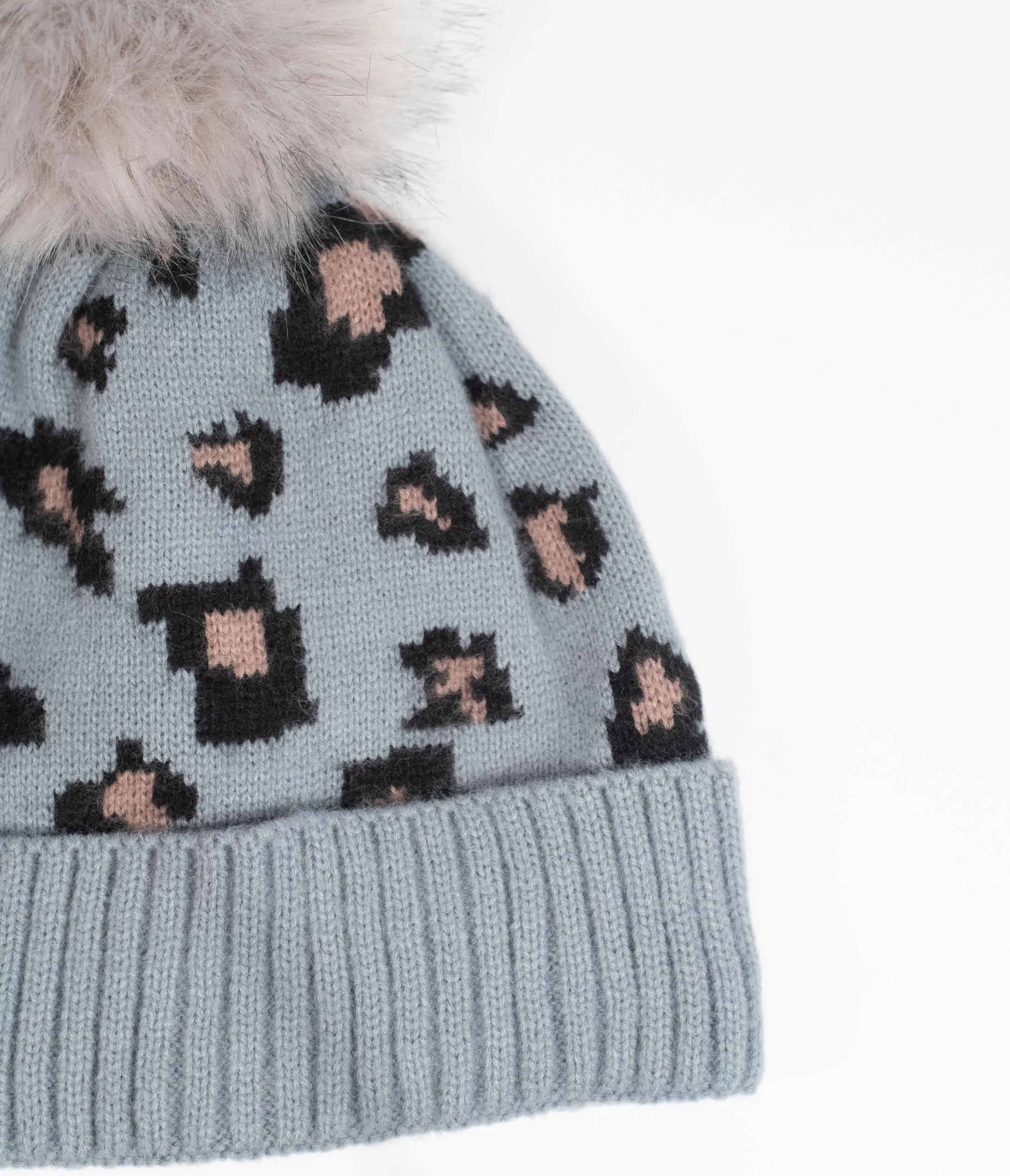 Grey & Brown Leopard Pom Pom Beanie