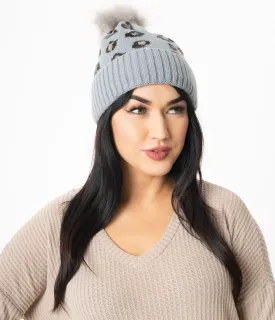 Grey & Brown Leopard Pom Pom Beanie