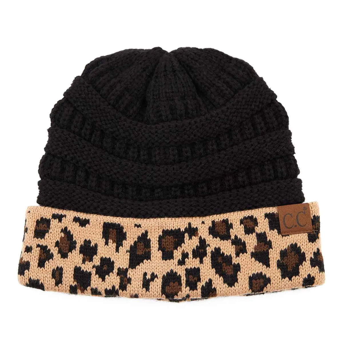 HAT80 Leopard Cuff Rib Beanie